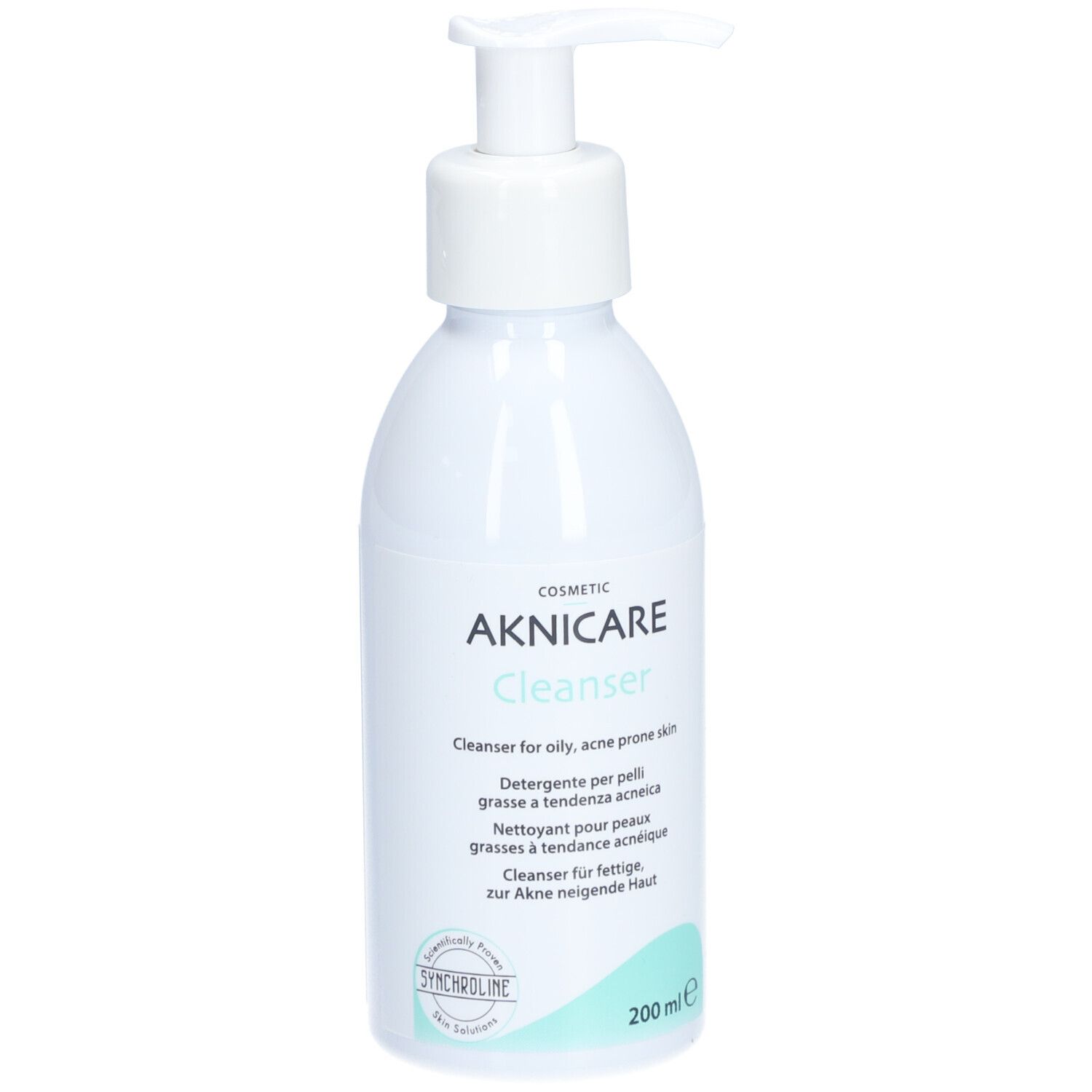 Flacon blanc AKNICARE Cleanser avec pompe. Texte: Nettoyant pour peaux grasses à tendance acnéique. 200 ml.