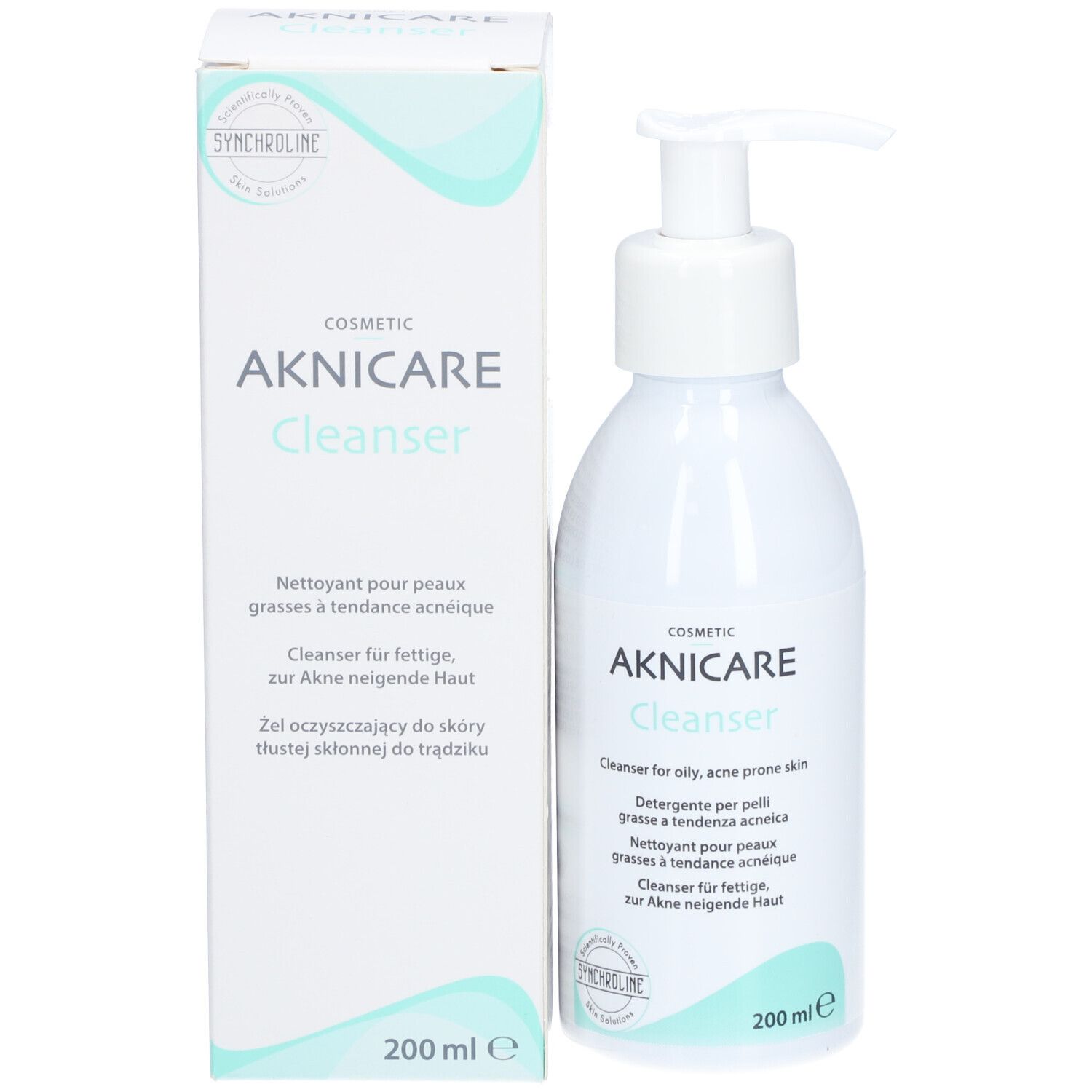 Emballage et flacon. Emballage: blanc, texte: AKNICARE Cleanser, 200 ml. Flacon: blanc, pompe en haut.