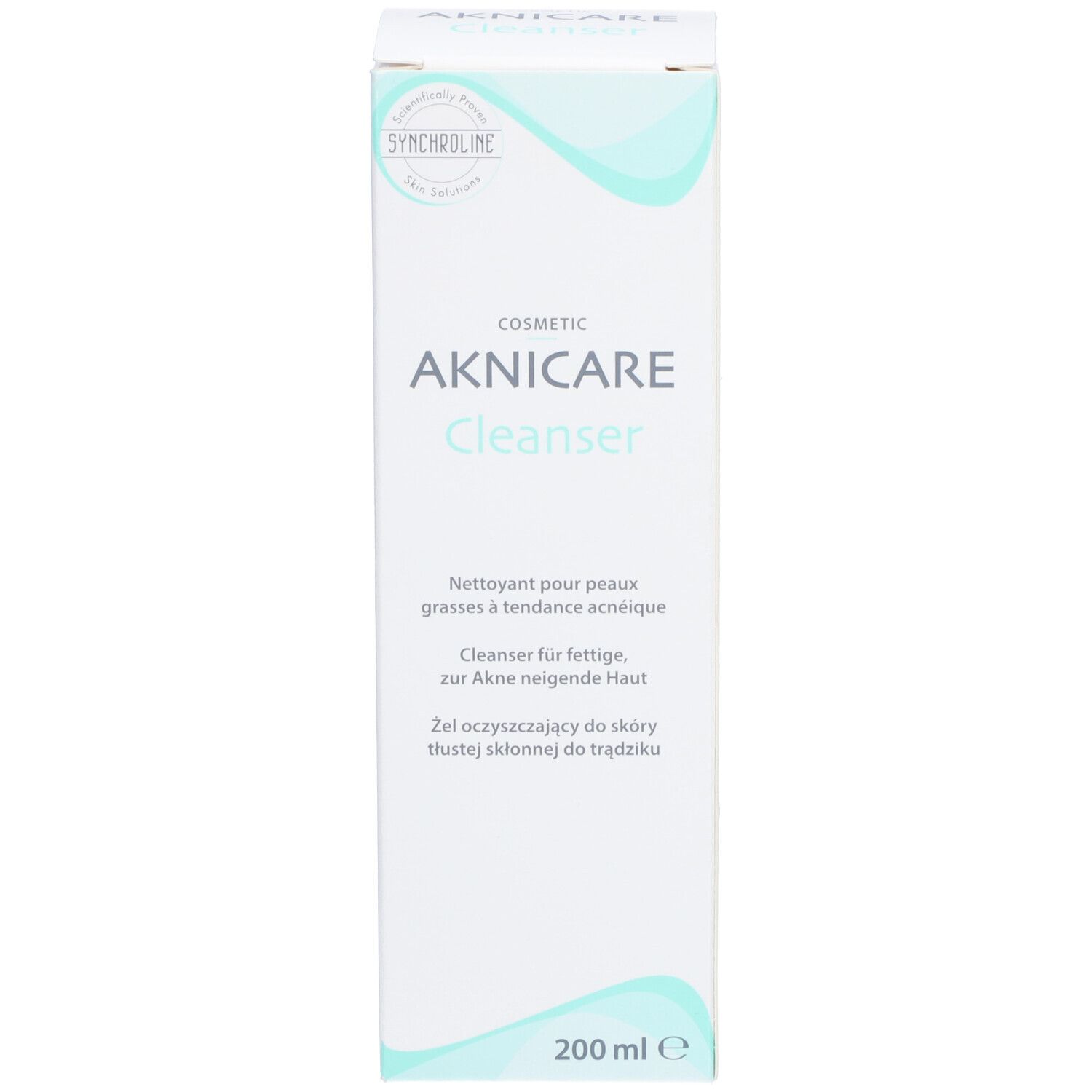 Emballage blanc. Texte: AKNICARE Cleanser, 200 ml. Logo SYNCHROLINE.