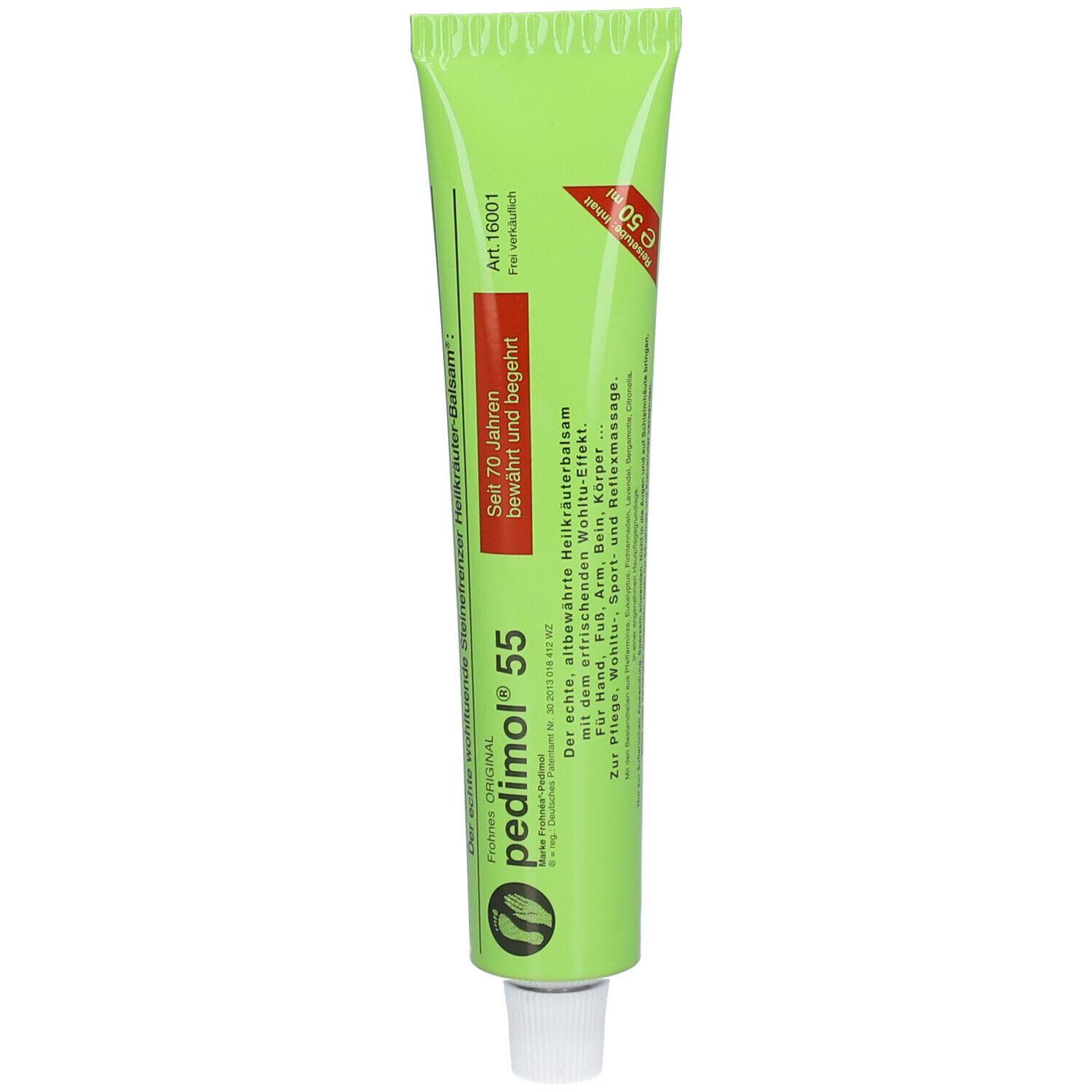 Tube verte avec bouchon blanc. Inscription : pedimol® 55. Autocollant rouge avec texte. Art. 16001.