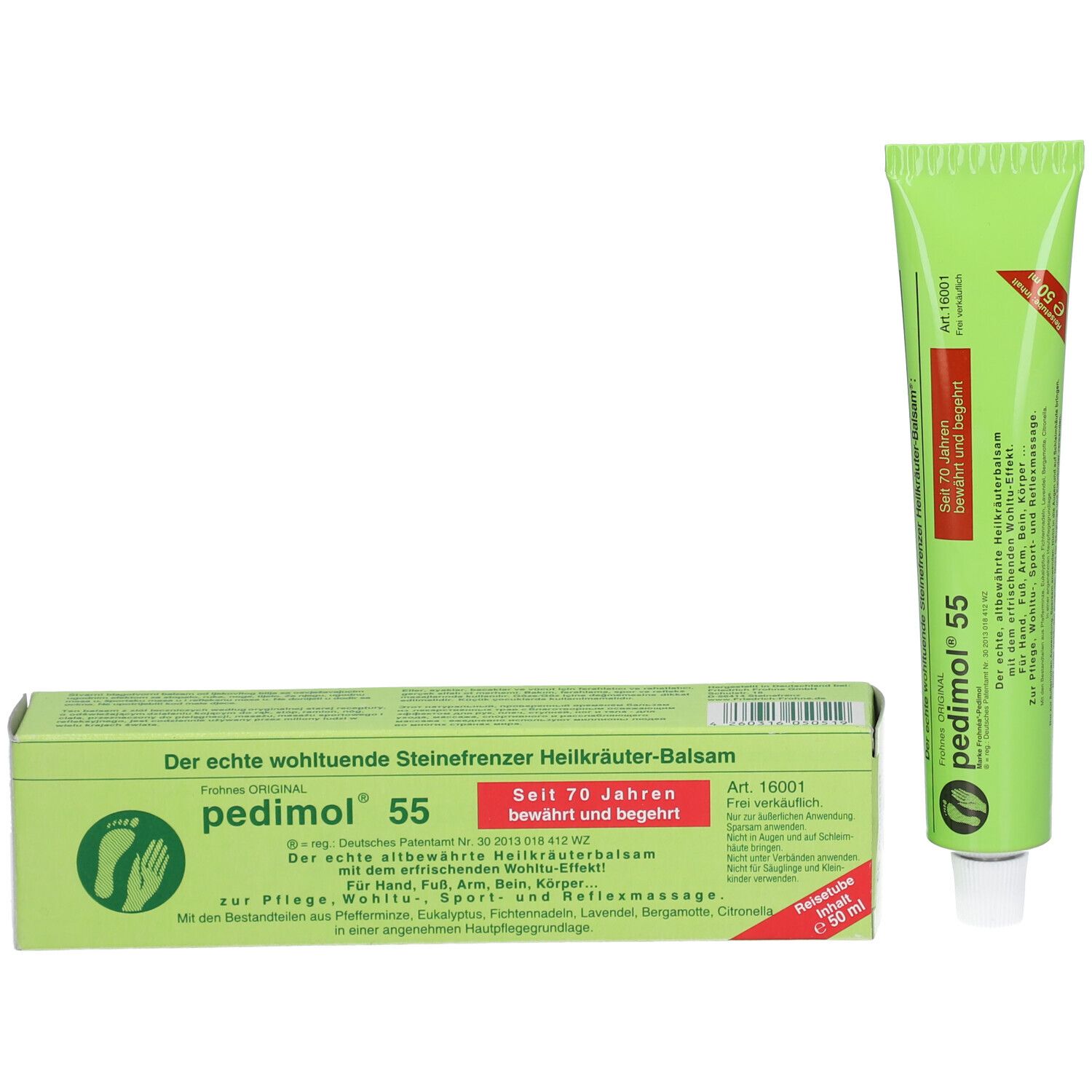 Emballage du produit et tube. Boîte verte avec pedimol® 55. Tube avec autocollant rouge.