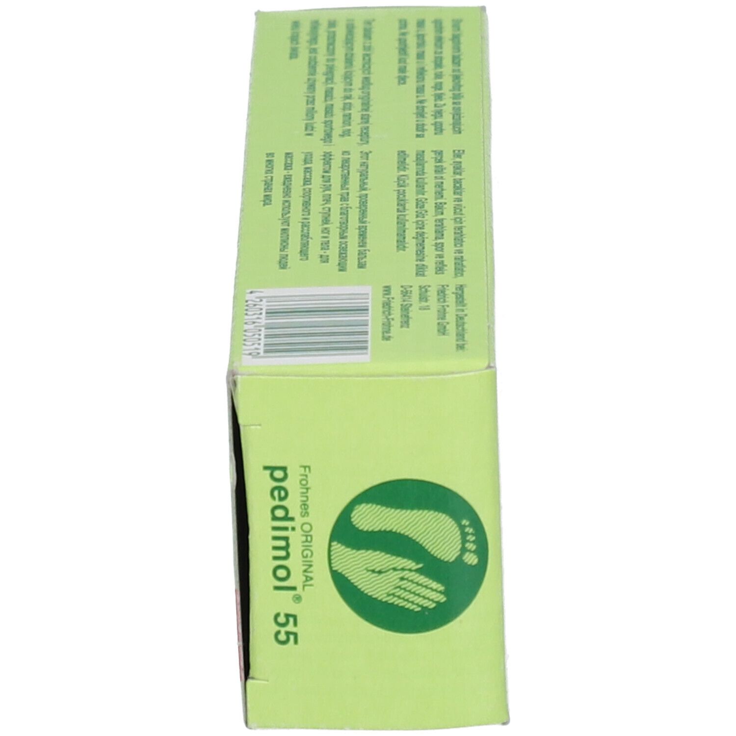 Dessous de l'emballage du produit. Logo et texte. Logo de pied. pedimol® 55.