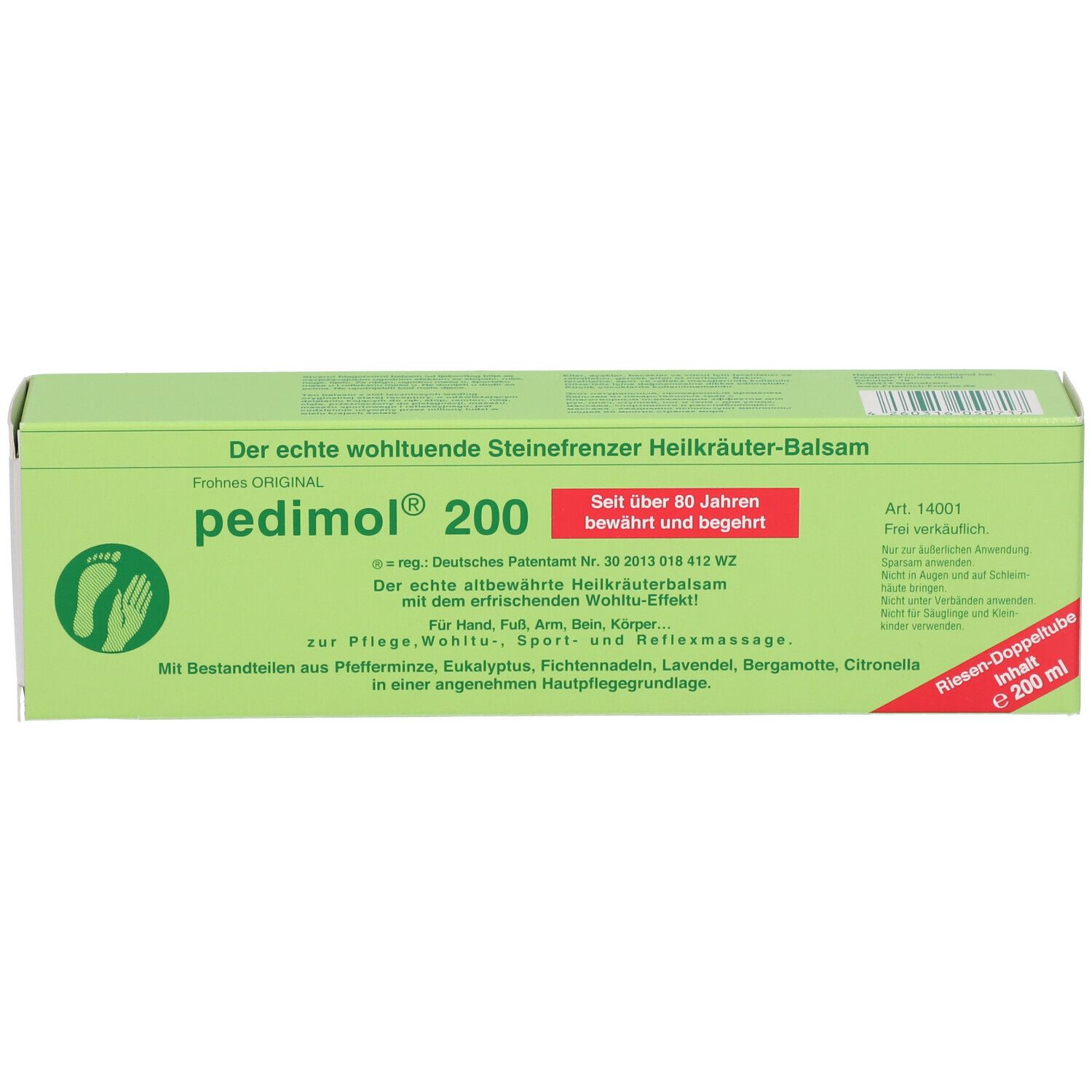 Boîte verte de pedimol® 200. Texte : « Le véritable baume aux herbes médicinales ». Écriture rouge. Symbole de pied.