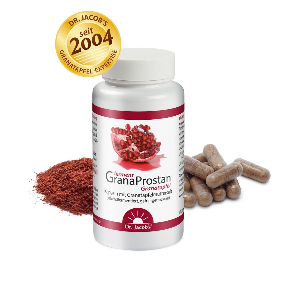 Productfles, granaatappelpoeder en capsules. Gouden medaille: Dr. Jacob's sinds 2004. Opschrift: GranaProstan.