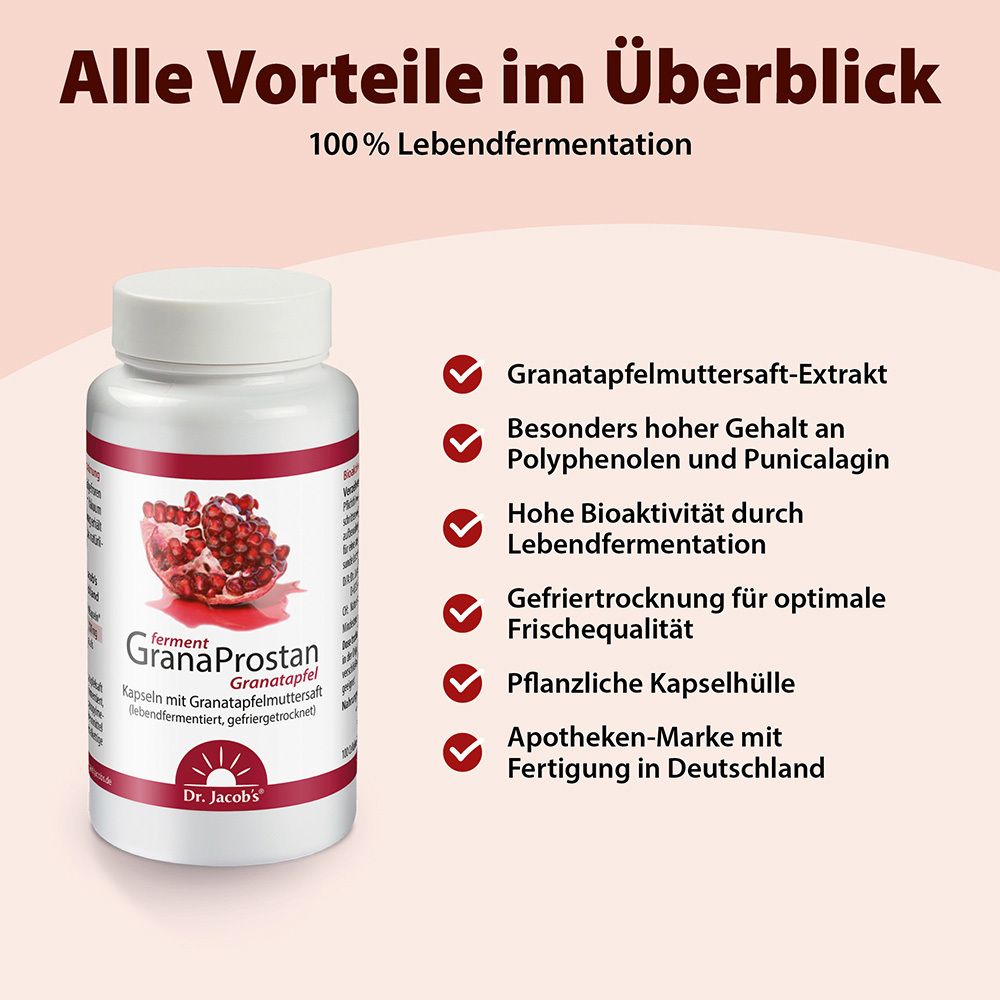 Productfles en tekst. Tekst: Alle voordelen in één oogopslag. Opsomming van voordelen, waaronder 100% levende fermentatie.