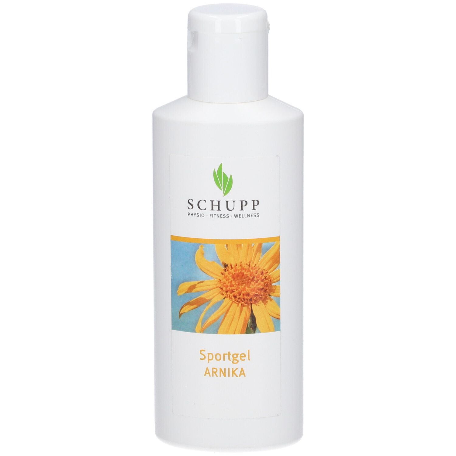 Witte fles met gele bloem en tekst. Productnaam: Sportgel Arnika. Logo: SCHUPP.