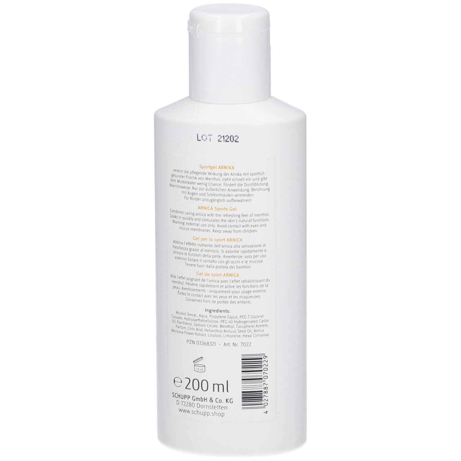 Achterkant van een witte fles. Tekst in meerdere talen. Bevat informatie en barcode.