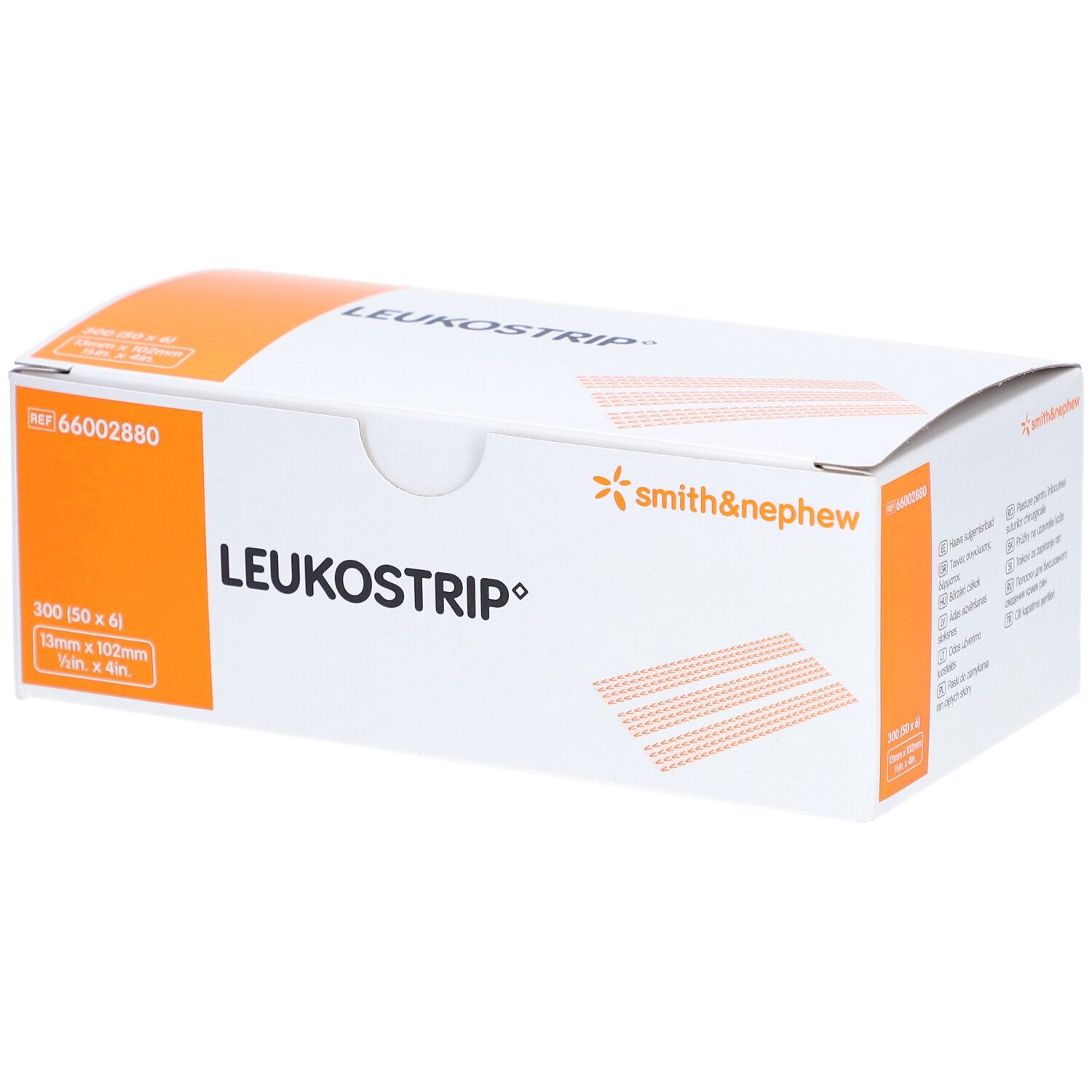 Boîte blanche et orange. Inscription: LEUKOSTRIP, Smith & Nephew. Contient 100 bandes de 13 x 102 mm.