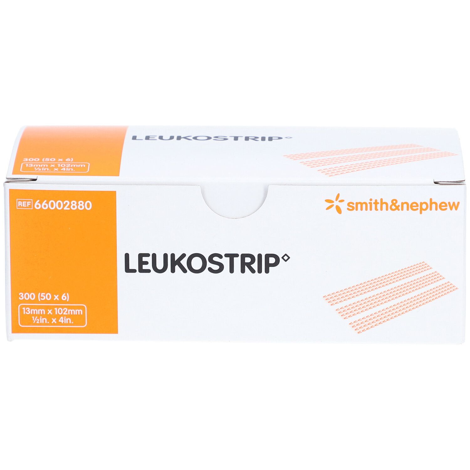 Boîte blanche et orange. Inscription: LEUKOSTRIP, Smith & Nephew. Contient 300 bandes de 13 x 102 mm.
