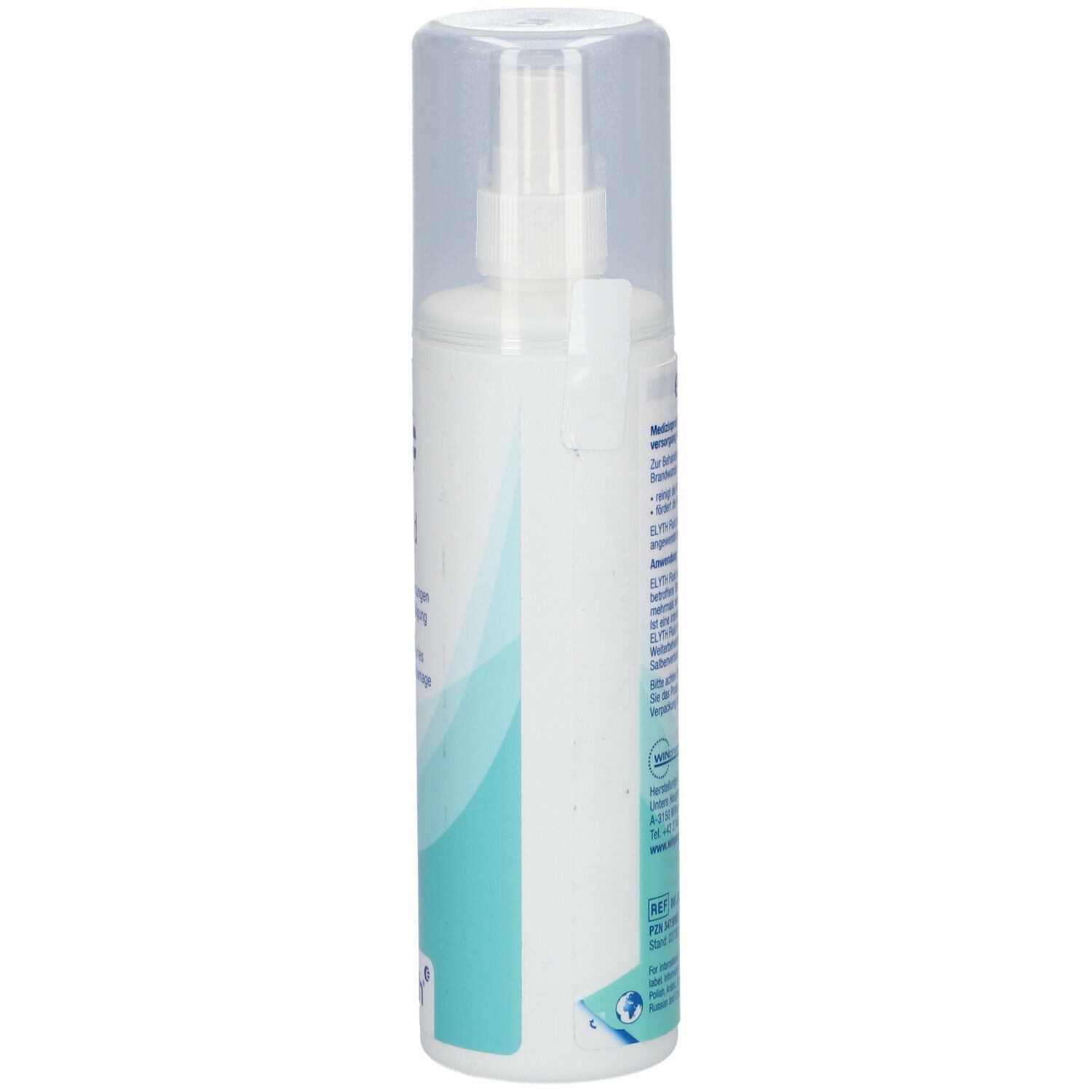 Flacon de fluide blanc avec vaporisateur et bouchon transparent. Dos avec texte. 200 ml.