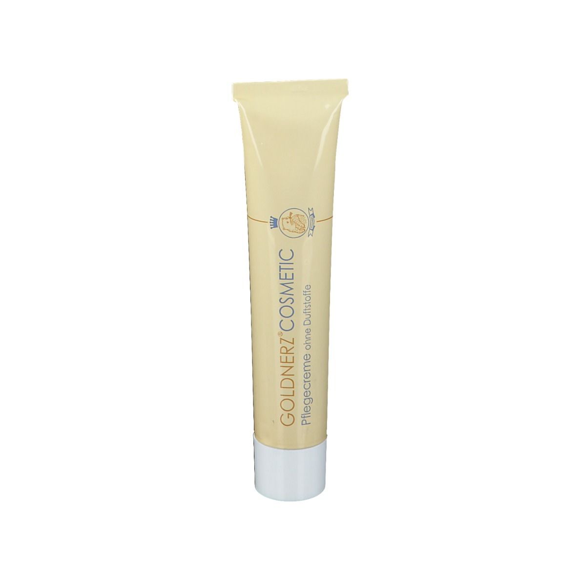 Tube de crème beige avec bouchon blanc. Inscription : GOLDNERZ COSMETIC Pflegecreme ohne Duftstoffe.