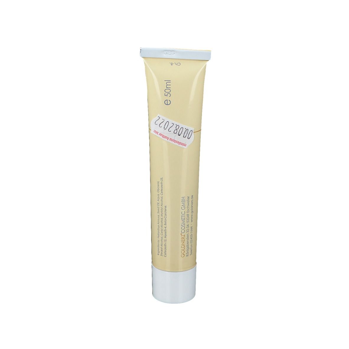 Tube de crème beige avec bouchon blanc. Inscription : e 50ml. Autocollant avec date.