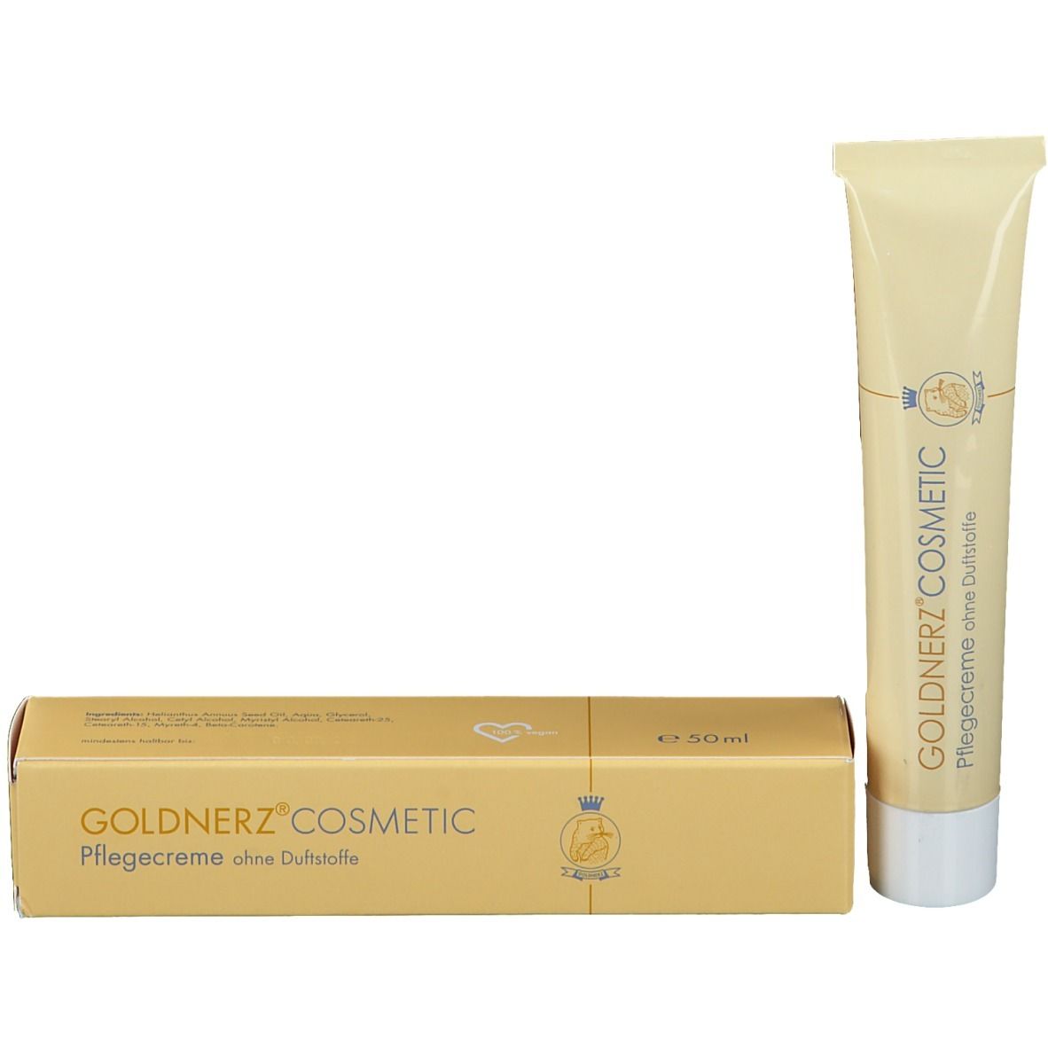 Tube de crème et boîte. Tube beige avec bouchon blanc. Boîte beige avec inscription : GOLDNERZ COSMETIC Pflegecreme ohne Duftstoffe.