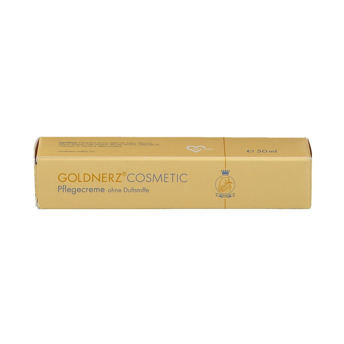 Boîte beige avec inscription : GOLDNERZ COSMETIC Pflegecreme ohne Duftstoffe. Inscription : e 50ml.