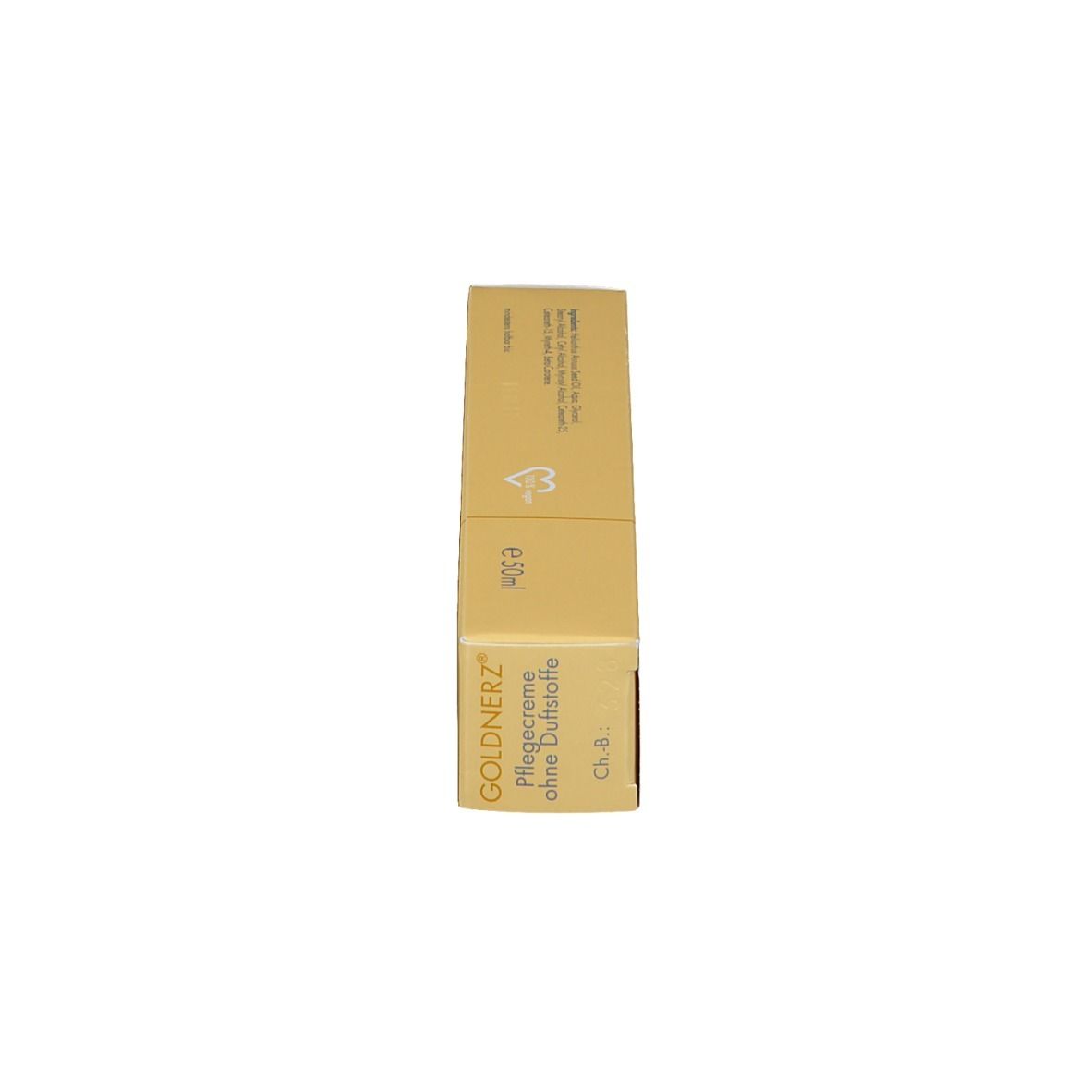 Boîte beige, verticale. Inscription : GOLDNERZ Pflegecreme ohne Duftstoffe. Inscription : e 50ml.