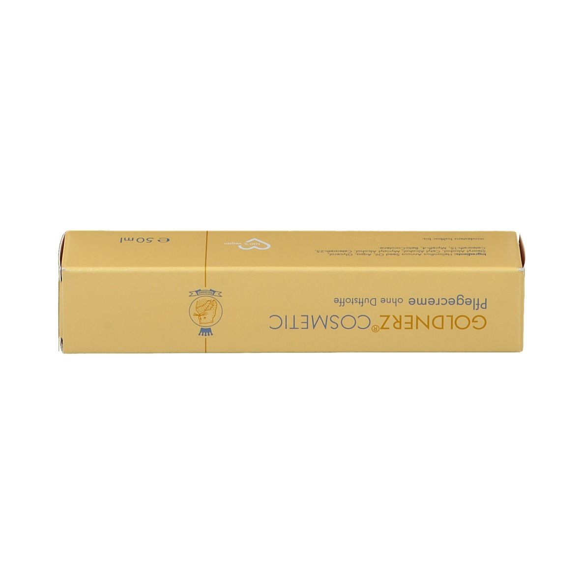 Boîte beige avec inscription : GOLDNERZ COSMETIC Pflegecreme ohne Duftstoffe. Inscription : e 50ml.