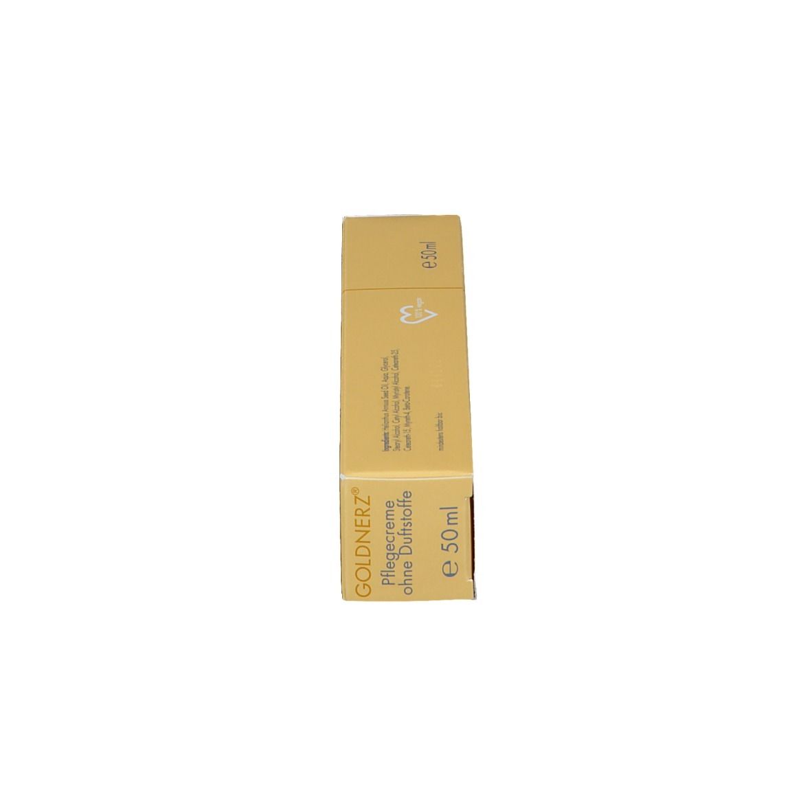 Boîte beige, verticale. Inscription : GOLDNERZ Pflegecreme ohne Duftstoffe. Inscription : e 50ml.