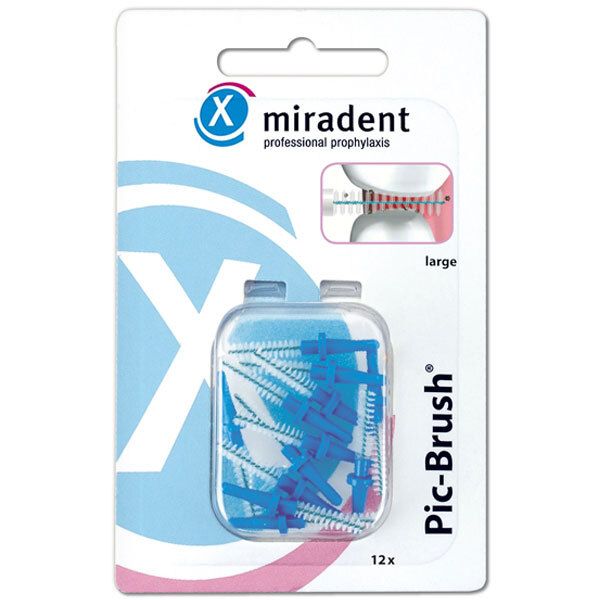 Verpakking met blauwe interdentale borstels. "miradent Pic-Brush" logo en "large". 12 stuks.