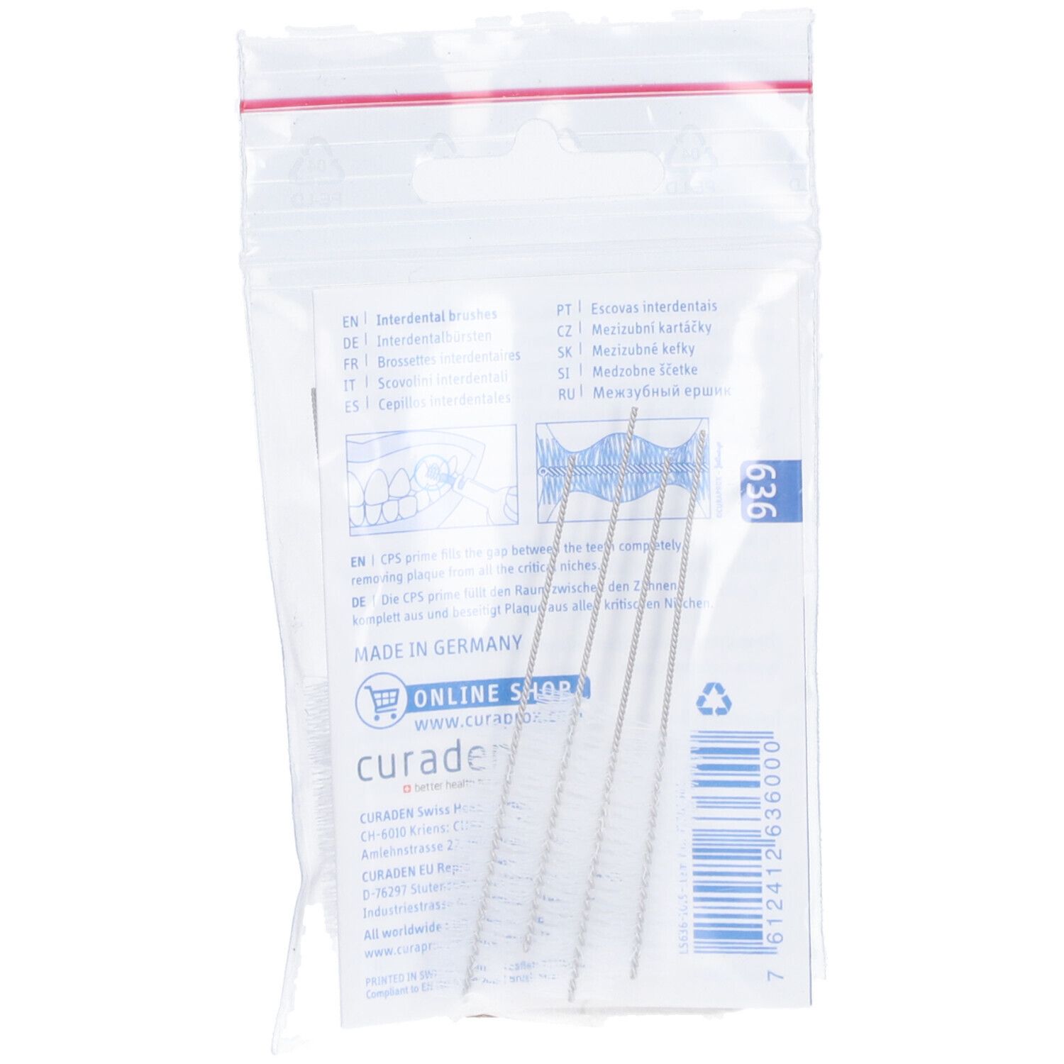 Brosses interdentaires dans un emballage transparent. Plusieurs brosses visibles. Informations sur le produit.