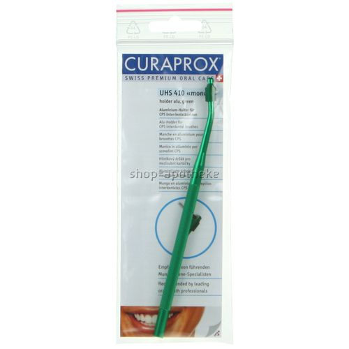 Tandborstelhouder in plastic verpakking. Groen, met handvat en borstelkop. Tekst: Curaprox, UHS 410 mono.