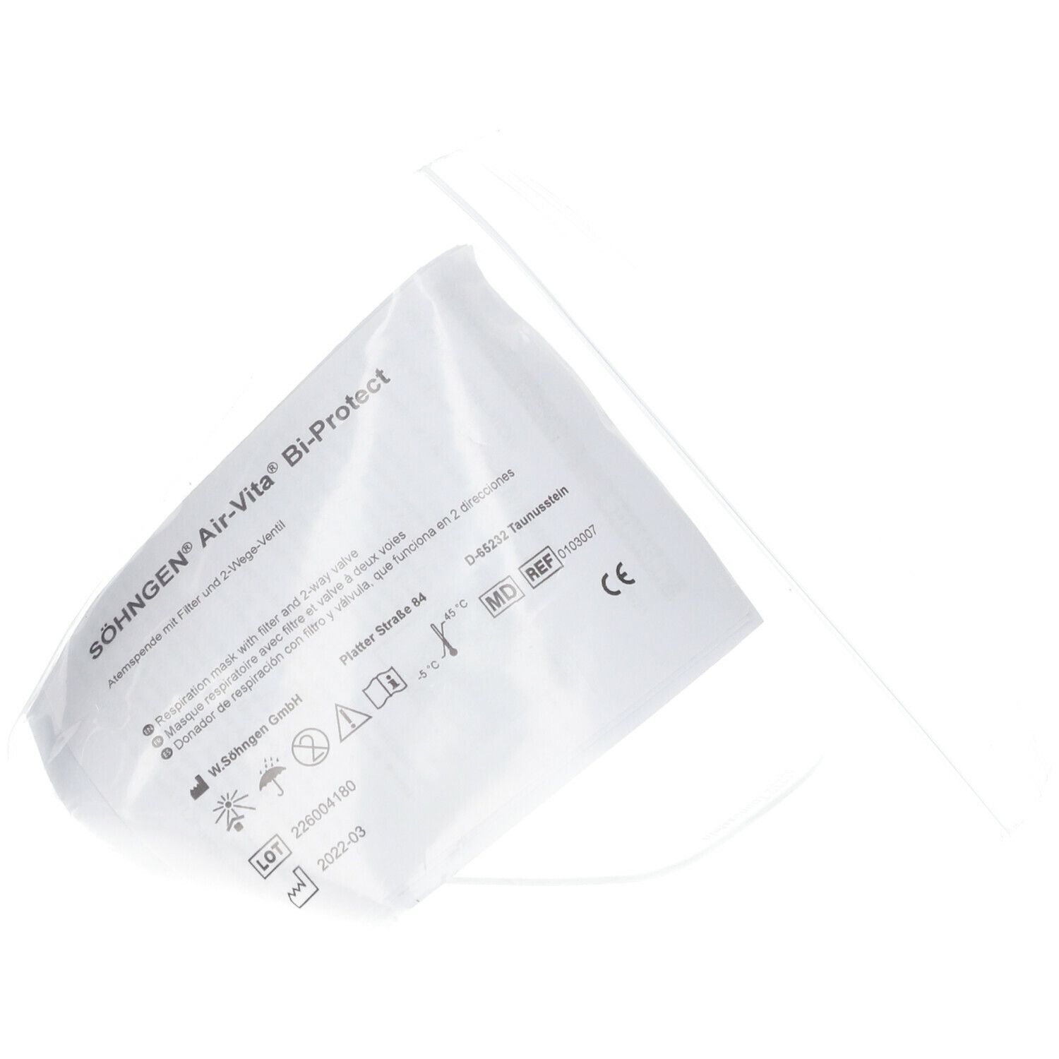 Verpakking van Air-Vita® Bi-Protect. Witte zak met productinformatie en CE-markering.