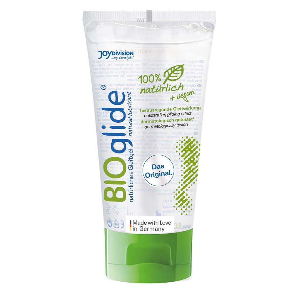 Tube blanc et vert avec BIOglide, gel lubrifiant naturel. 100% naturel + végétalien. Fabriqué en Allemagne.