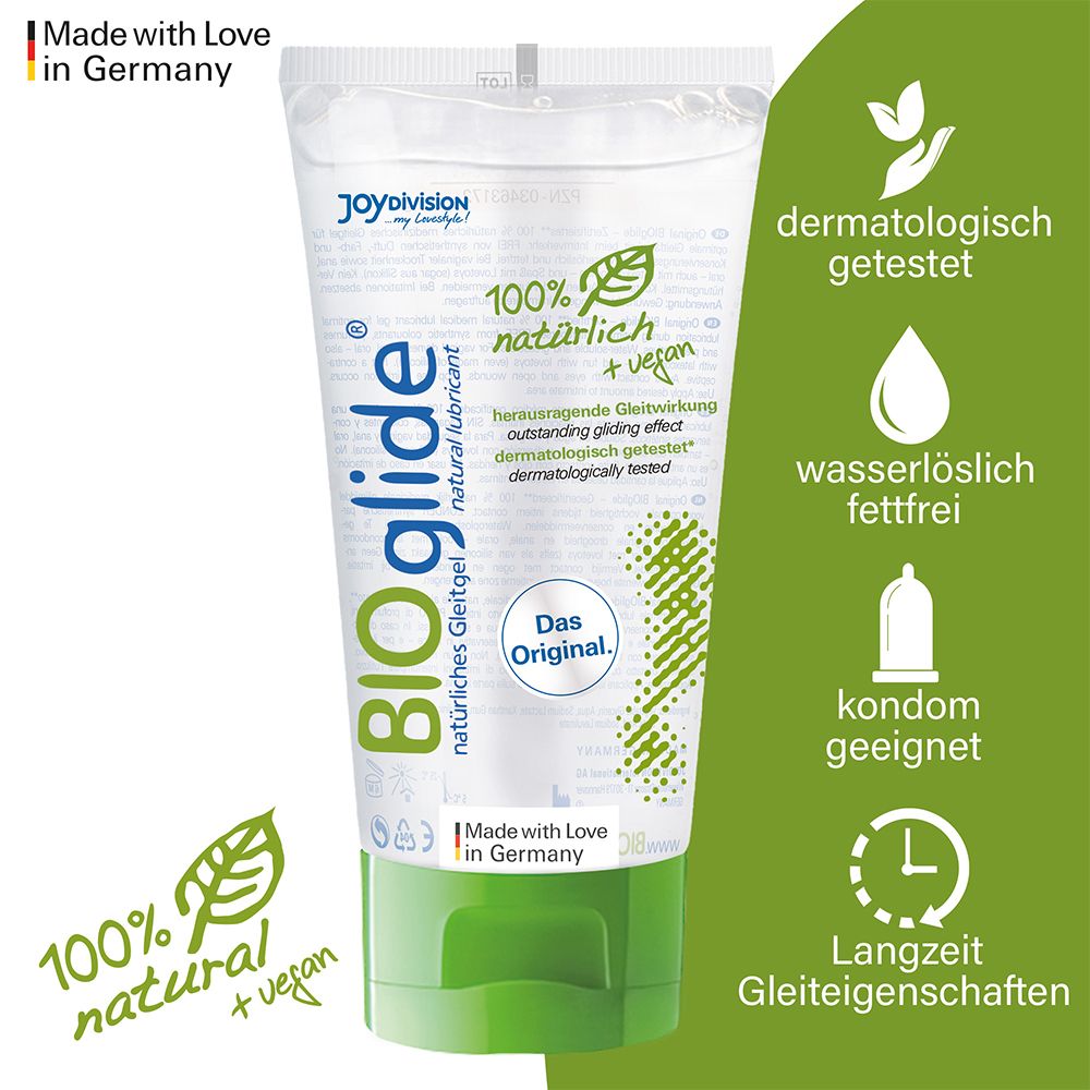Tube blanc et vert BIOglide, gel lubrifiant naturel. 100% naturel + végétalien. Testé dermatologiquement. Compatible préservatif.