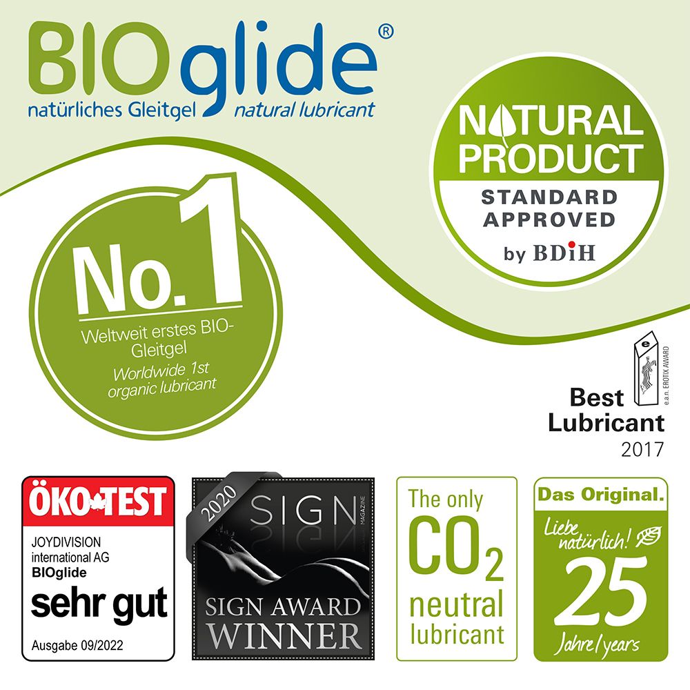 Logo BIOglide, gel lubrifiant naturel. Prix : ÖKO-TEST, Sign Award Winner, neutre en CO2, Best Lubricant 2017, 25 ans.