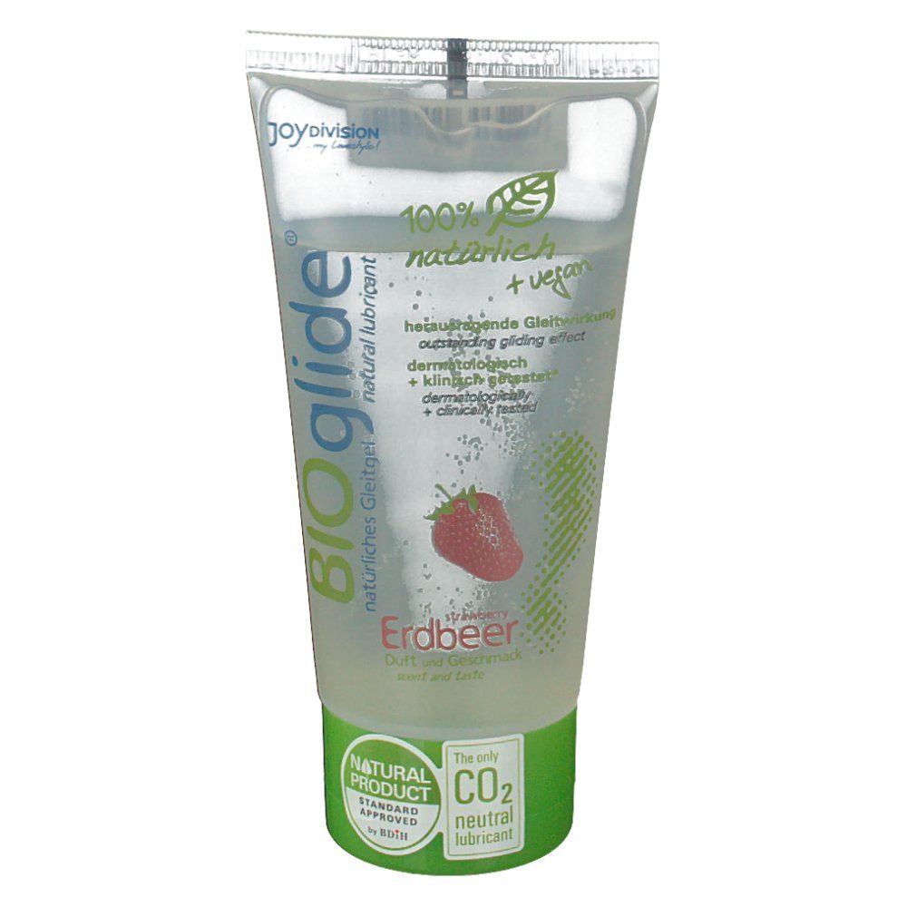 Transparante gel in tube. Opschrift: BIOglide, Erdbeer. Logo: Aardbei. Groen-witte verpakking. Opschrift: 100% natuurlijk + vegan.
