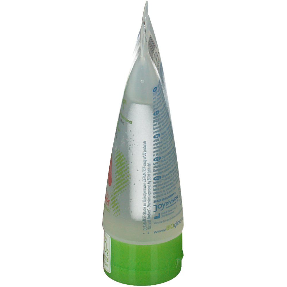 Zijaanzicht van een tube. Transparante gel. Groene dop. Opschrift: BIOglide. Bovenkant gesloten.