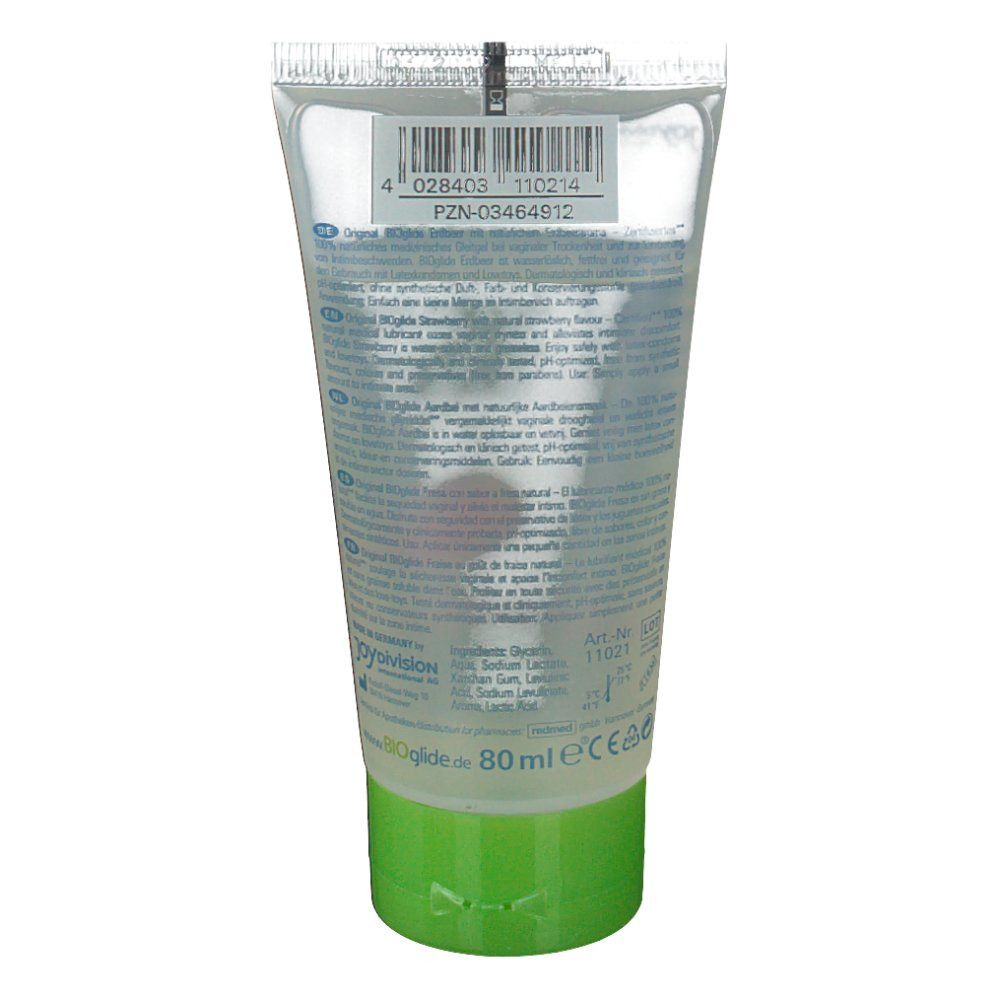 Achterkant van een tube. Opschrift: BIOglide. Tekst in meerdere talen. Groene dop. Barcode en productinformatie.