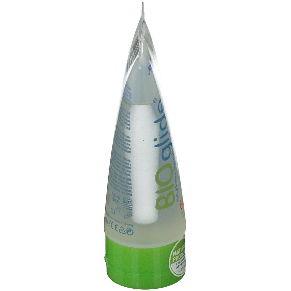 Zijaanzicht van een tube. Transparante gel. Groene dop. Opschrift: BIOglide. Logo: Natuurlijk product.