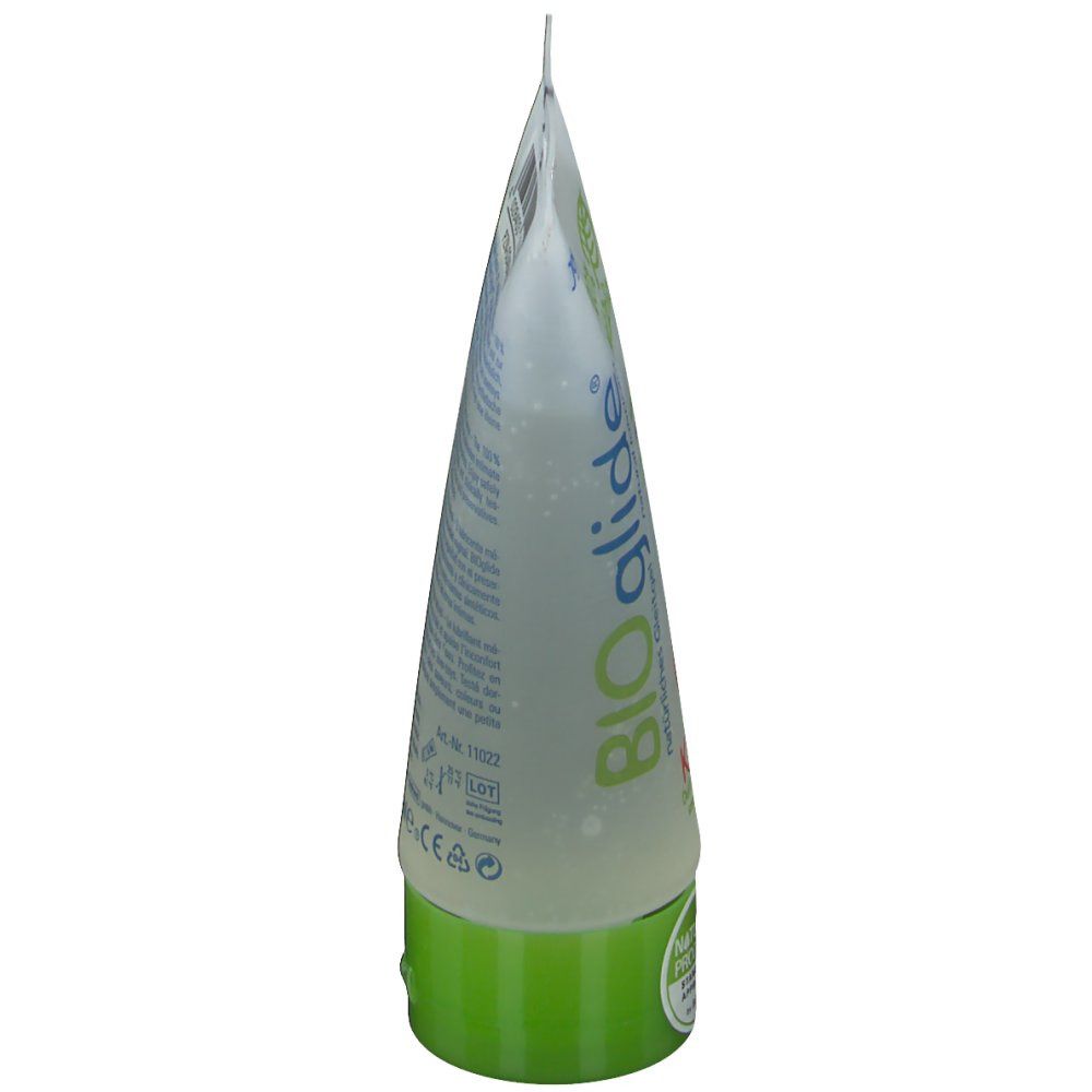 Tube transparent, effilé. Bouchon vert. Inscription BIOglide.