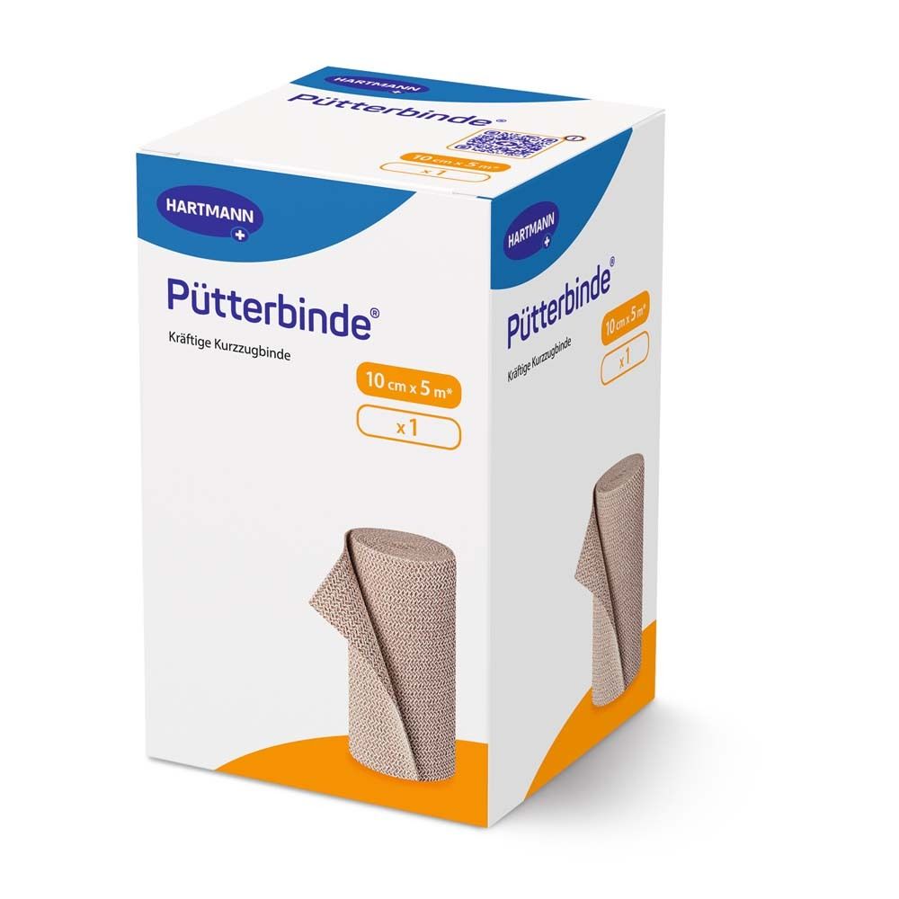 Hartmann Pütterbinde verband in verpakking. Beige elastisch kortverband. Afmetingen: 10 cm x 5 m. Productafbeelding.