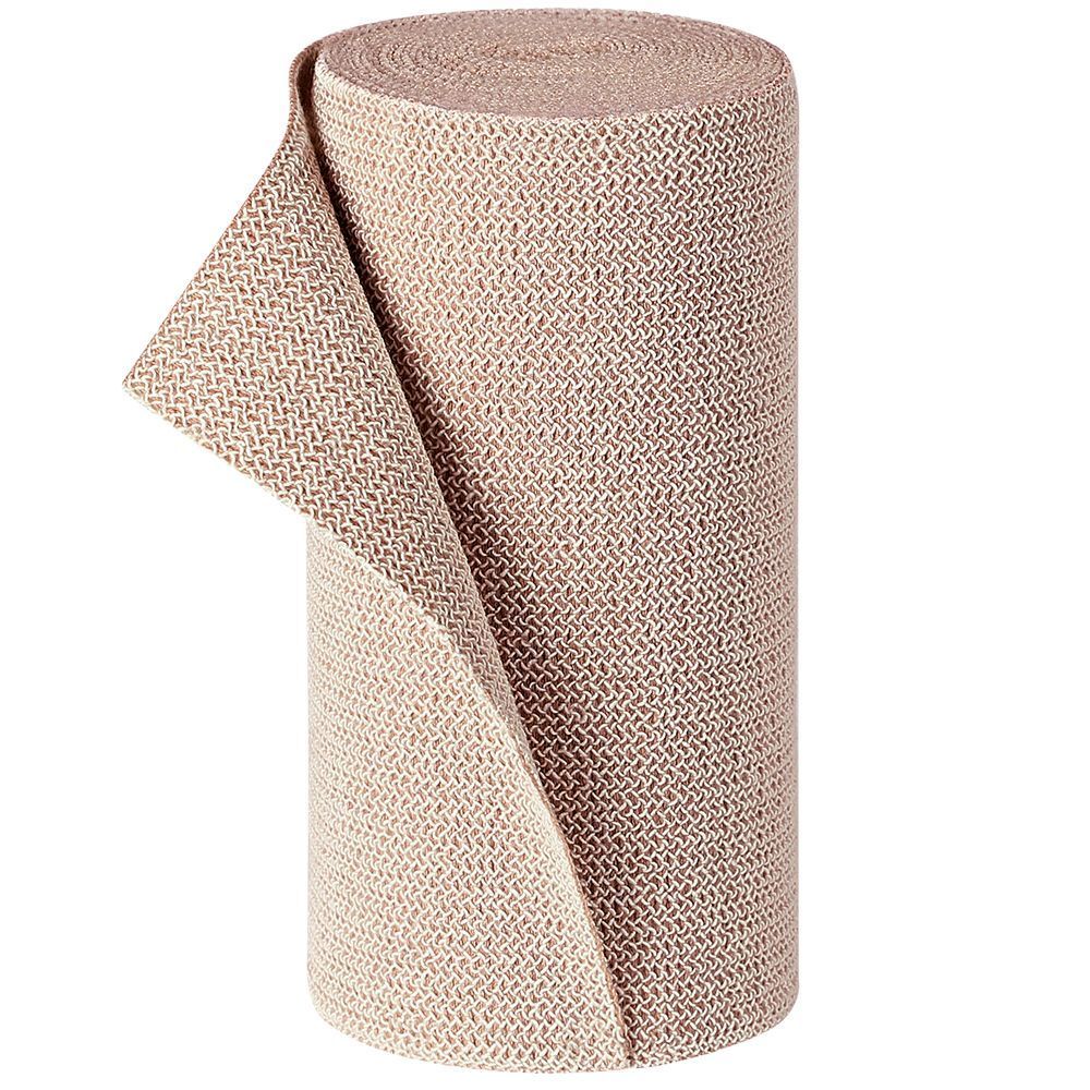 Beige kortverband, gedeeltelijk afgerold. Geweven structuur. Rol met zichtbaar begin van de band.