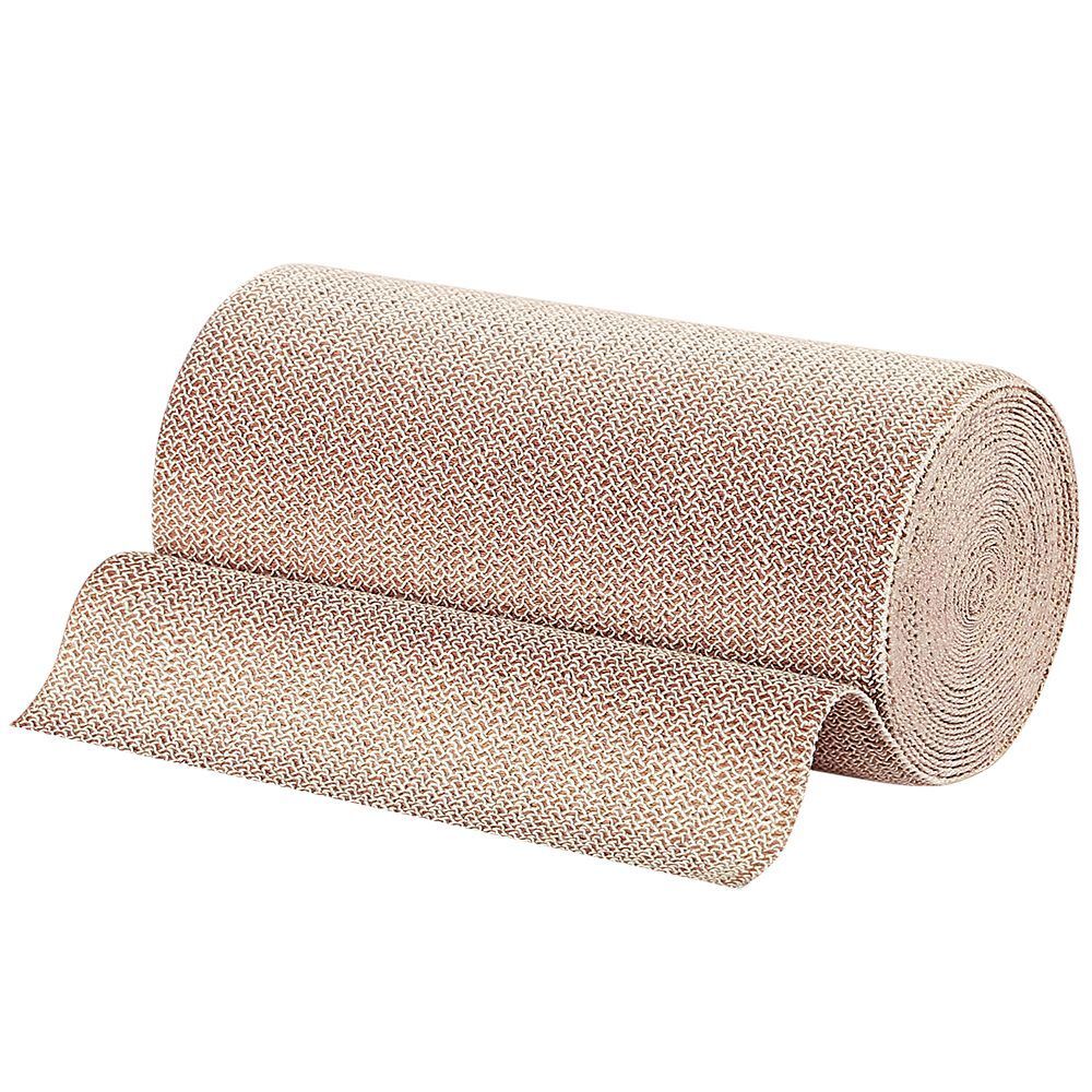 Beige kortverband, gedeeltelijk afgerold. Geweven structuur. Rol met zichtbaar einde van de band.