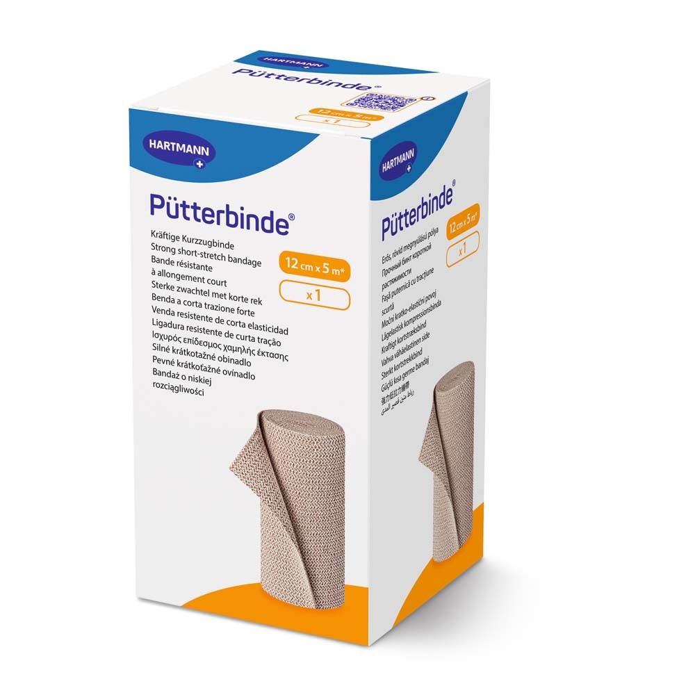 Verpakking van Pütterbinde, 12cm x 5m. Merk Hartmann. Verband en productinformatie op de verpakking.