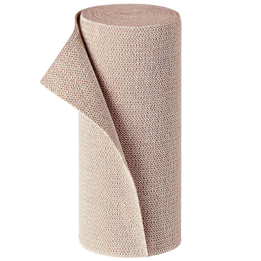 Gerolde Pütterbinde, beige. Geweven materiaal. Eén uiteinde van het verband is afgerold.
