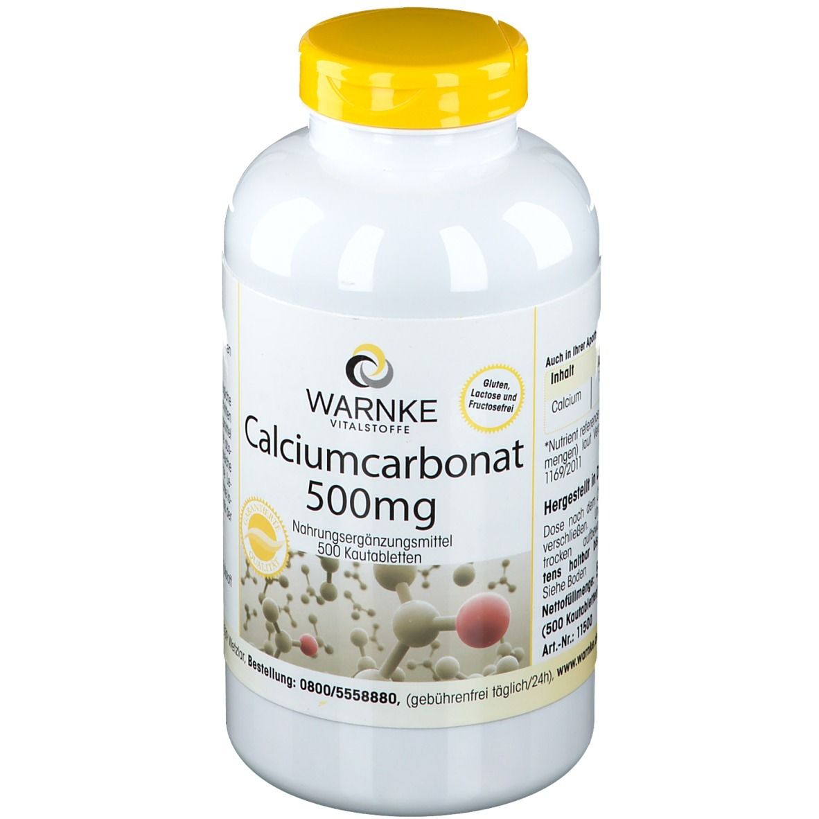 Flacon blanc avec bouchon jaune. Inscription: Calciumcarbonat 500mg, Warnke Vitalstoffe. Contient 500 comprimés à croquer. Sans gluten, lactose et fructose.