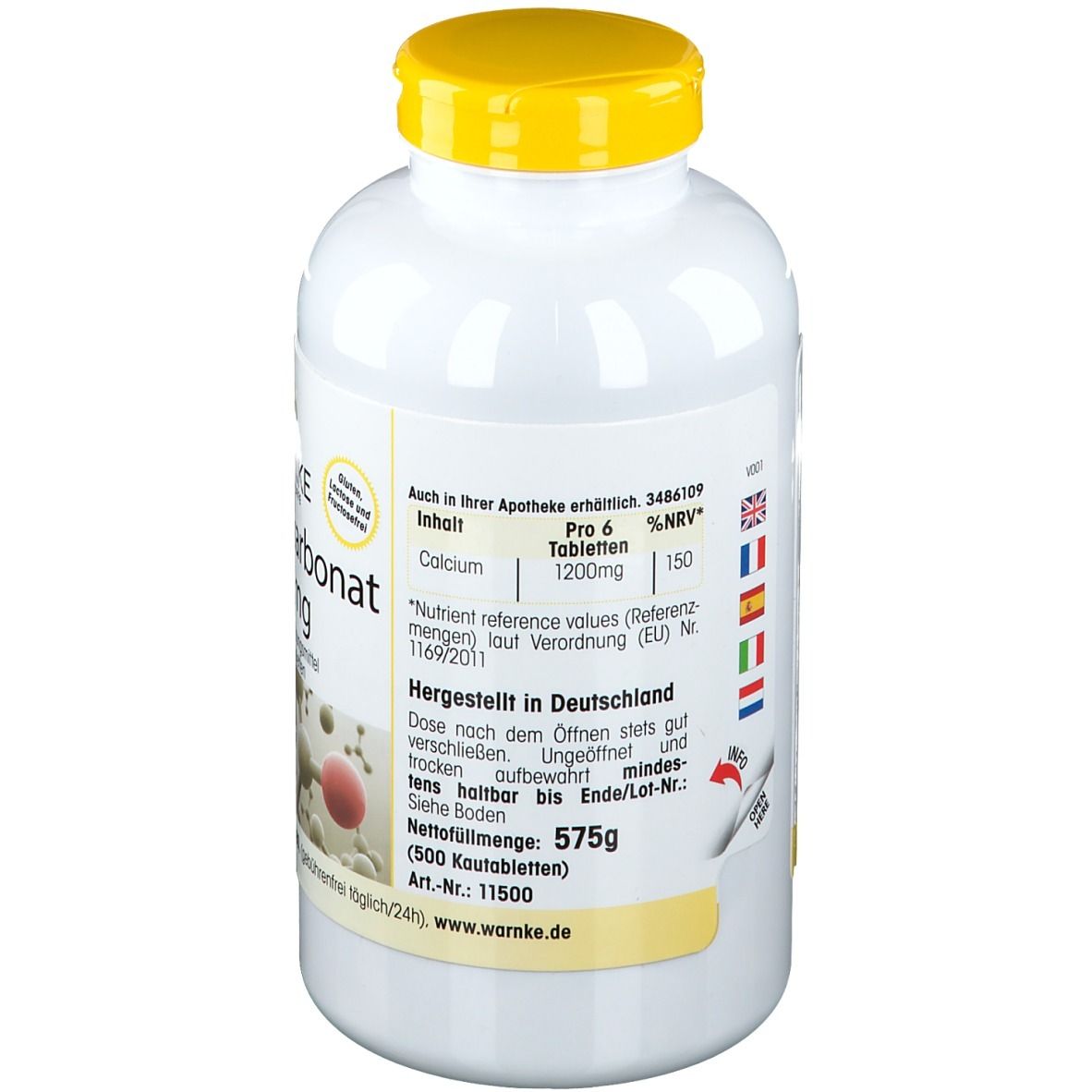 Dos du flacon blanc avec bouchon jaune. Contient des informations sur les ingrédients et les valeurs nutritionnelles. Fabriqué en Allemagne.