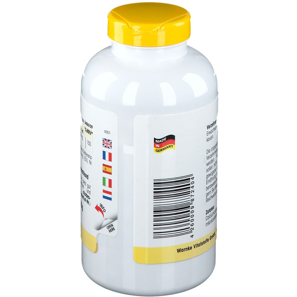 Dos du flacon blanc avec bouchon jaune. Code-barres et inscription: Fabriqué en Allemagne. Drapeaux multilingues.