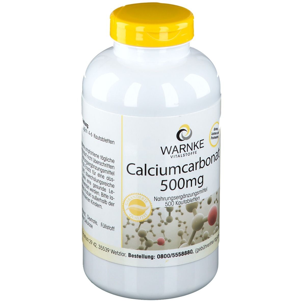 Flacon blanc avec bouchon jaune. Inscription: Calciumcarbonat 500mg, Warnke Vitalstoffe. Contient 500 comprimés à croquer. Adresse du fabricant.