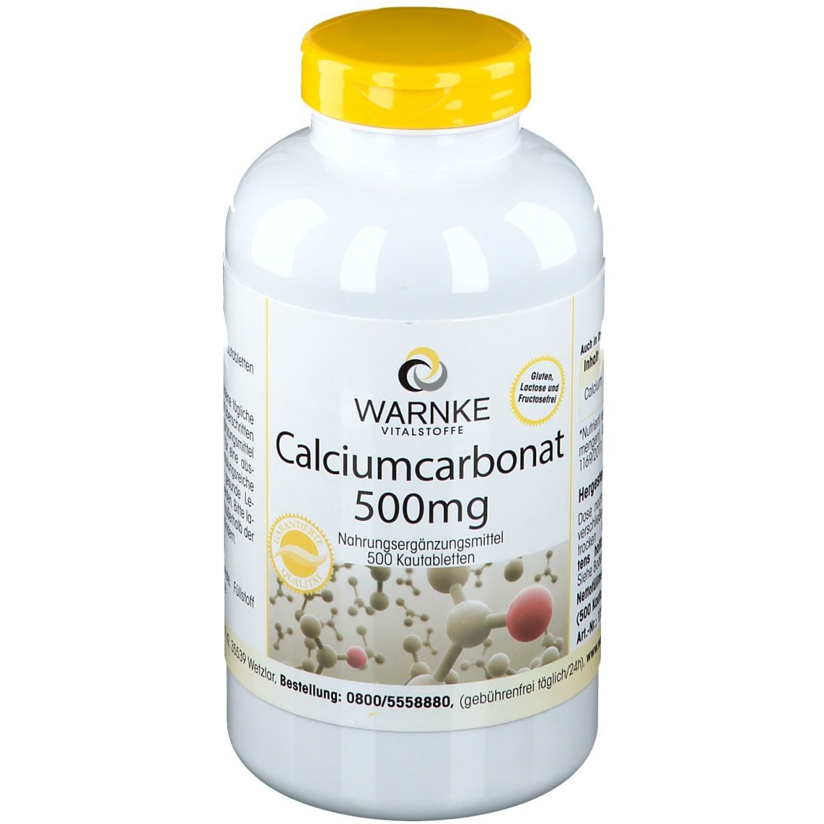 Flacon blanc avec bouchon jaune. Inscription: Calciumcarbonat 500mg, Warnke Vitalstoffe. Contient 500 comprimés à croquer.
