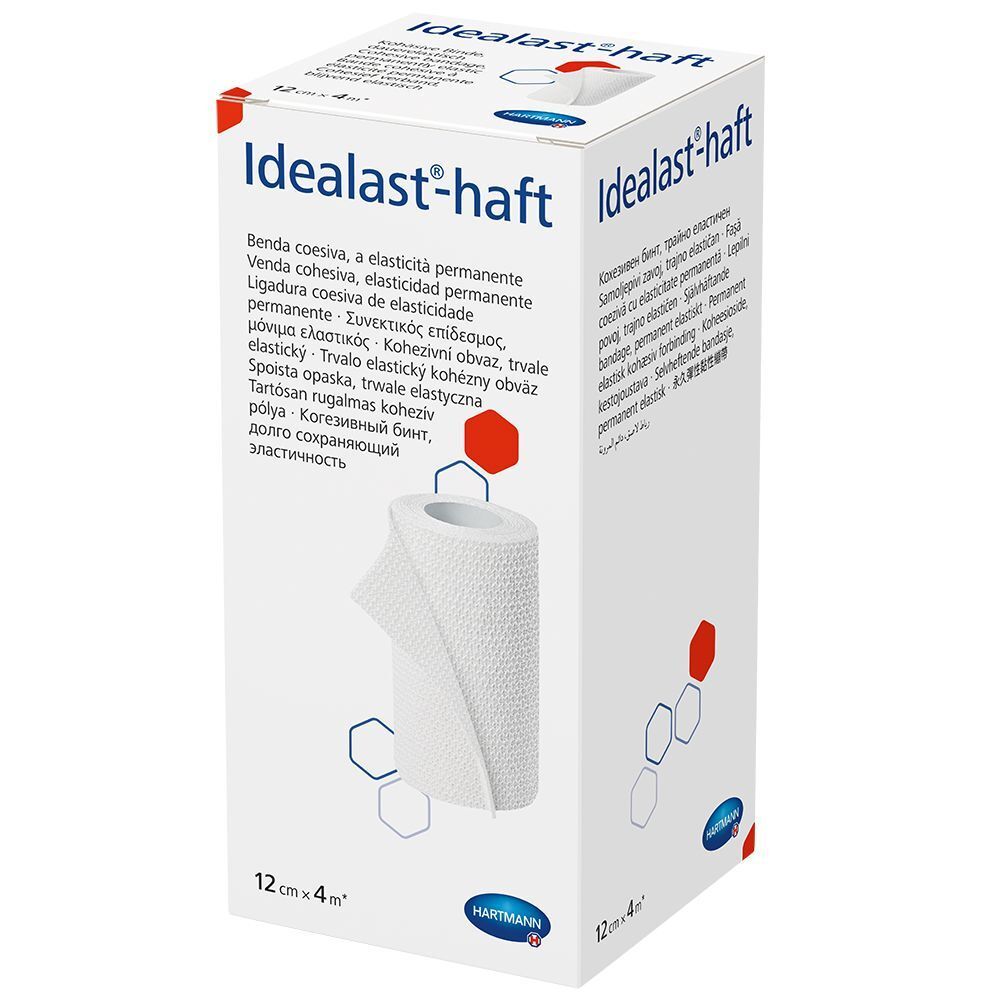 Hartmann Idealast-haft. Witte, cohesieve bandage in verpakking. Opschriften: 12 cm x 4 m, meertalige productnamen.