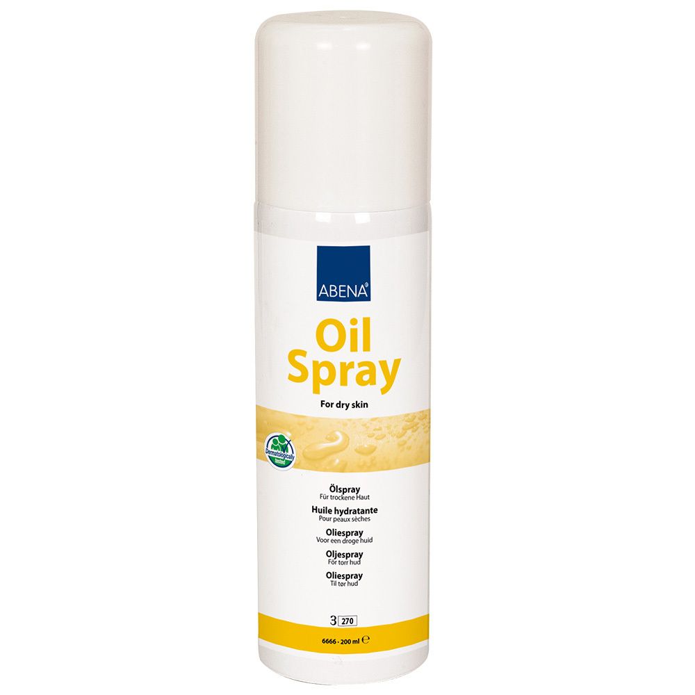 ABENA® Oil Spray. Flacon blanc avec étiquette jaune. Texte : Oil Spray, pour peau sèche. Avec logo et certification.