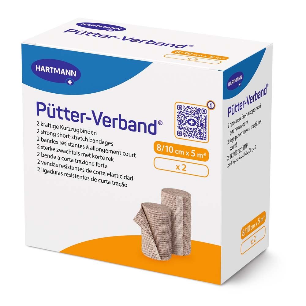 Verpakking met Pütter-Verband, Hartmann. Twee korte zwachtels. Afmeting 8/10 cm x 5 m. Twee rollen afgebeeld.