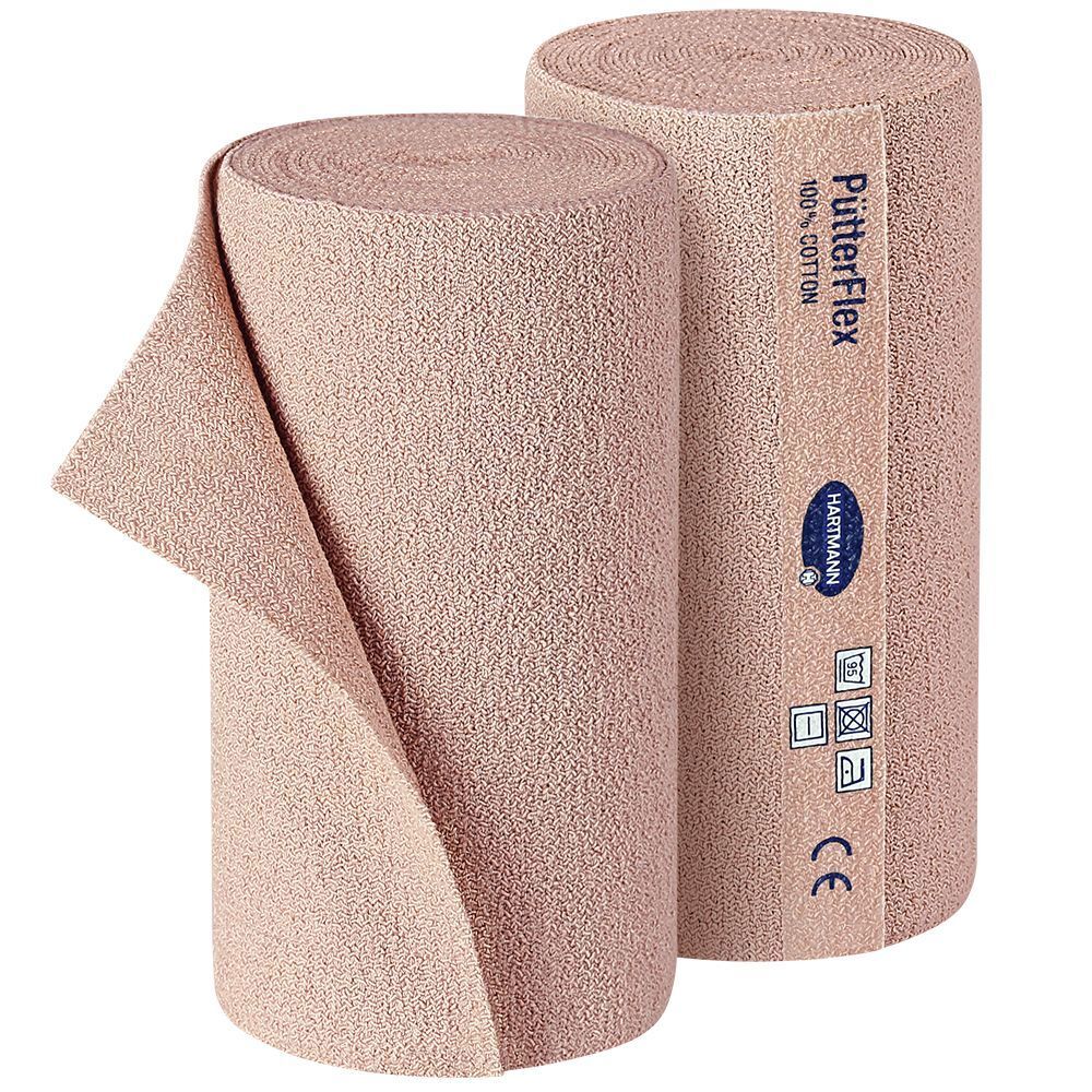 Deux bandages PütterFlex roulés. Matière : 100% coton. Marque : Hartmann. Marquage CE.
