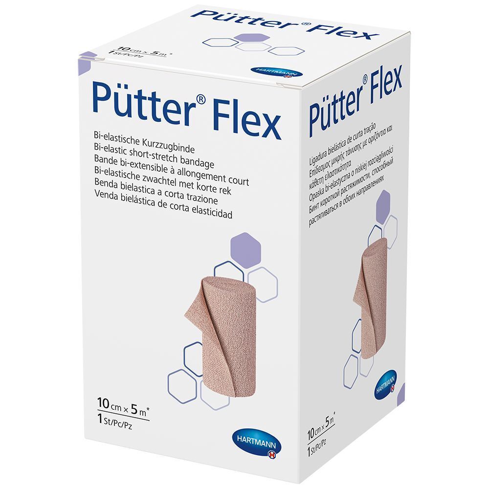 Hartmann PütterFlex, bi-elastisch kortverband. Verpakking met bandage, 10 cm x 5 m. Merk en productnaam zichtbaar.