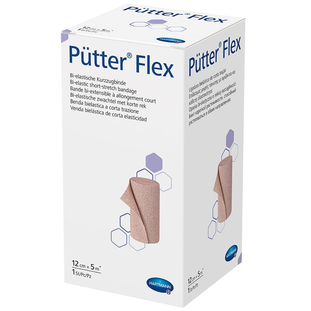 Emballage PütterFlex. Bande de compression bi-élastique. 12 cm x 5 m. Logo Hartmann. Bandage beige illustré.