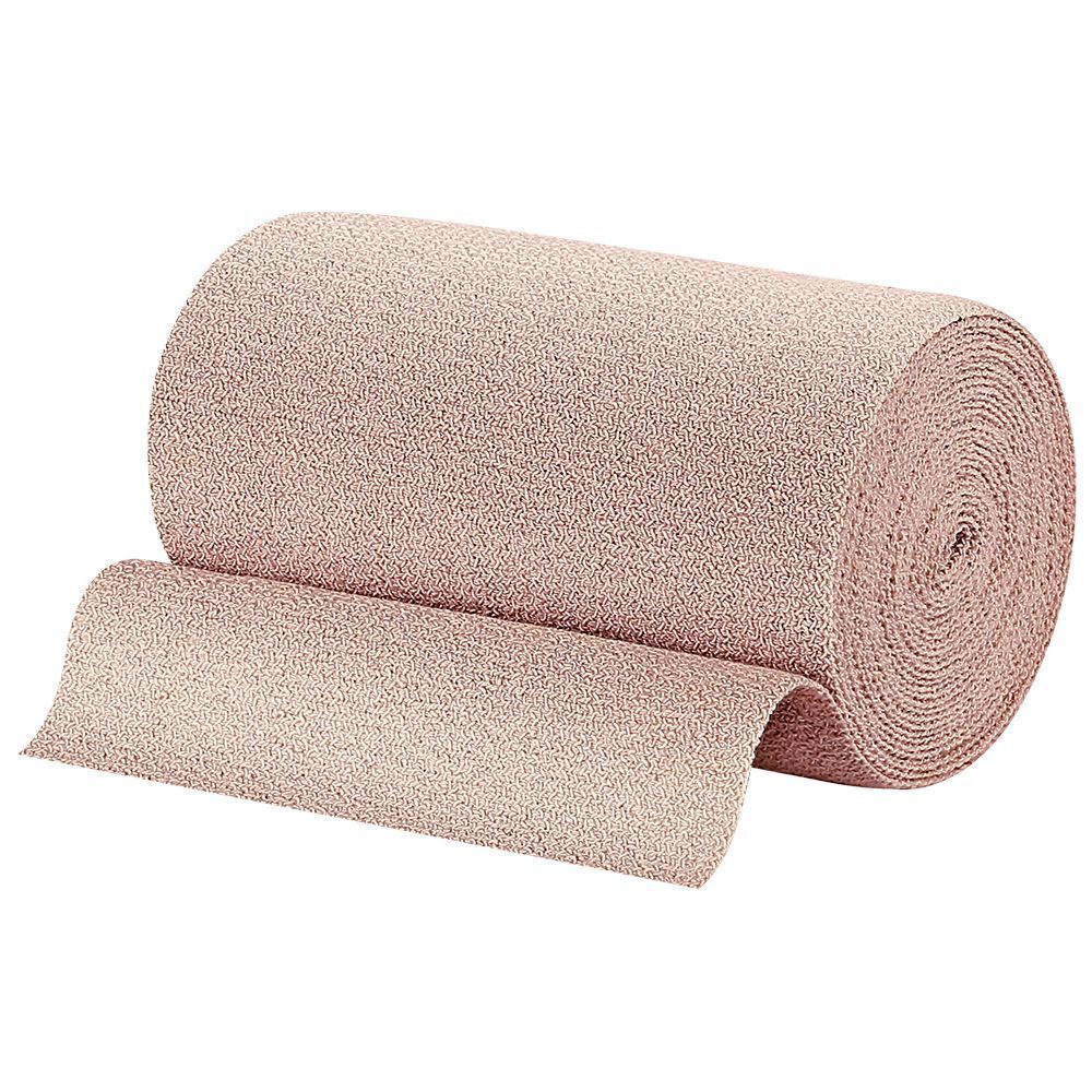 Un rouleau de bandage PütterFlex. Beige, enroulé, avec extrémité déroulée. Nom du produit non visible.
